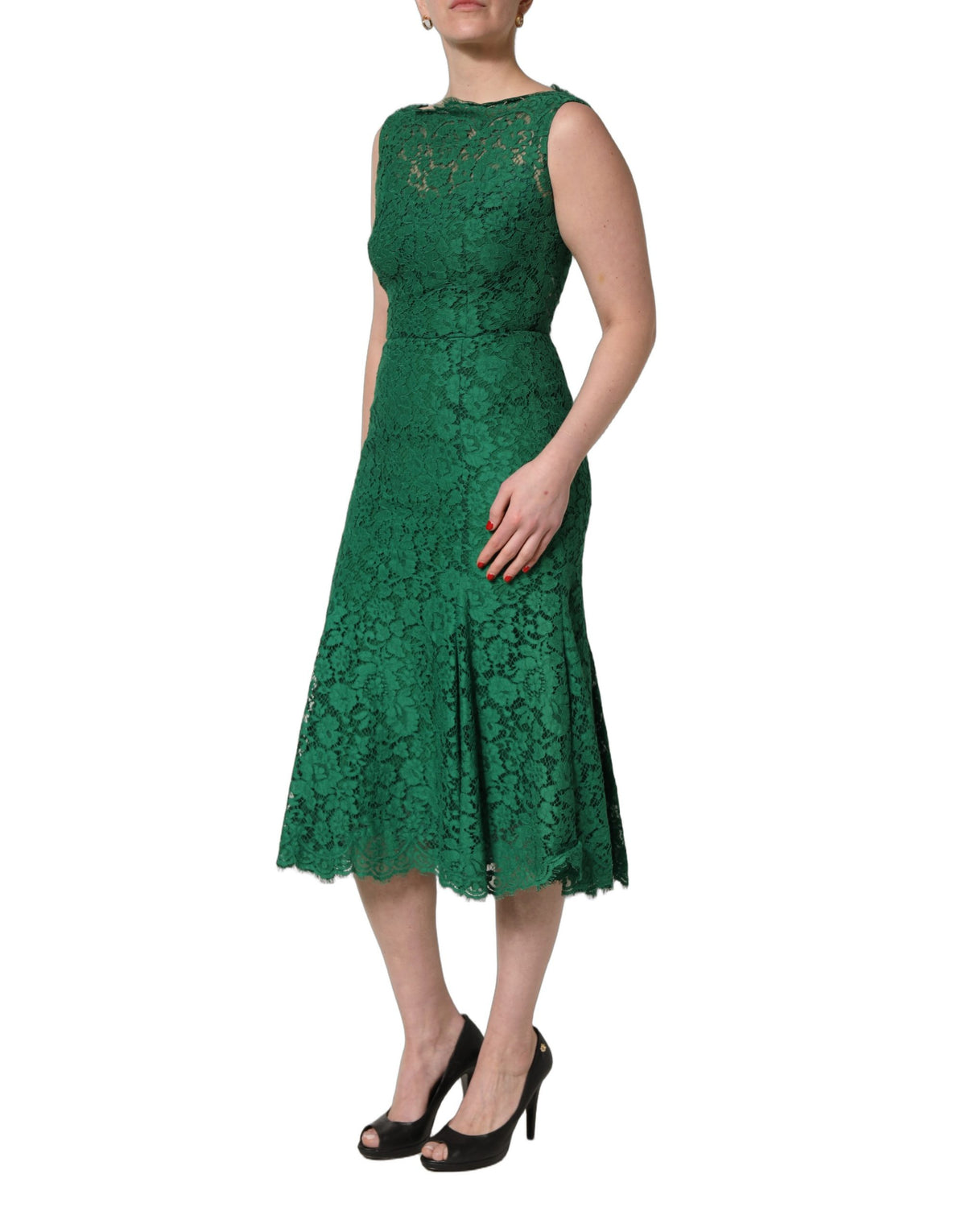 Dolce & Gabbana Green Floral Lace Midi Dress - Timeless Elegance