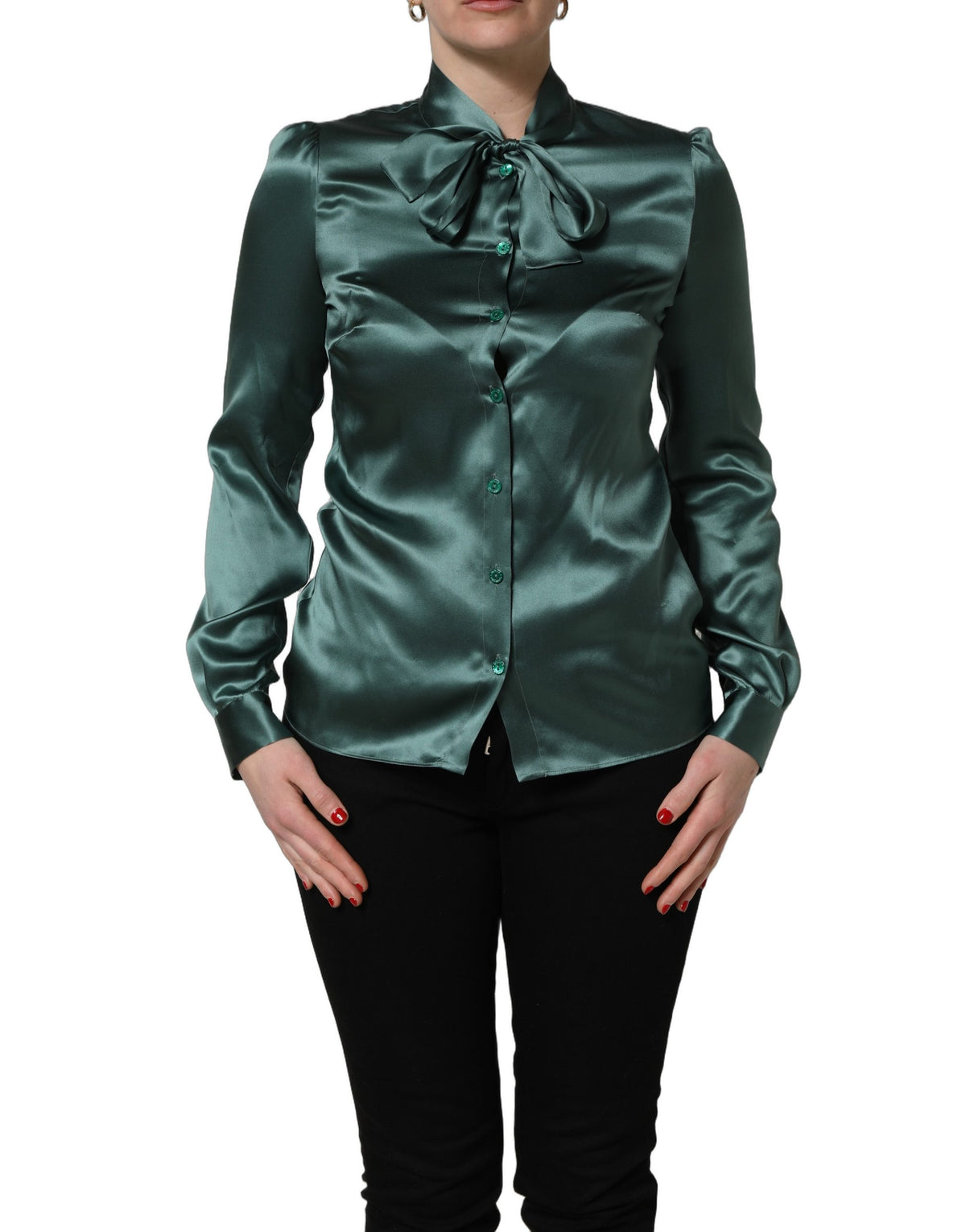 Dolce & Gabbana Dark Green Silk Satin Blouse Couture Elegance