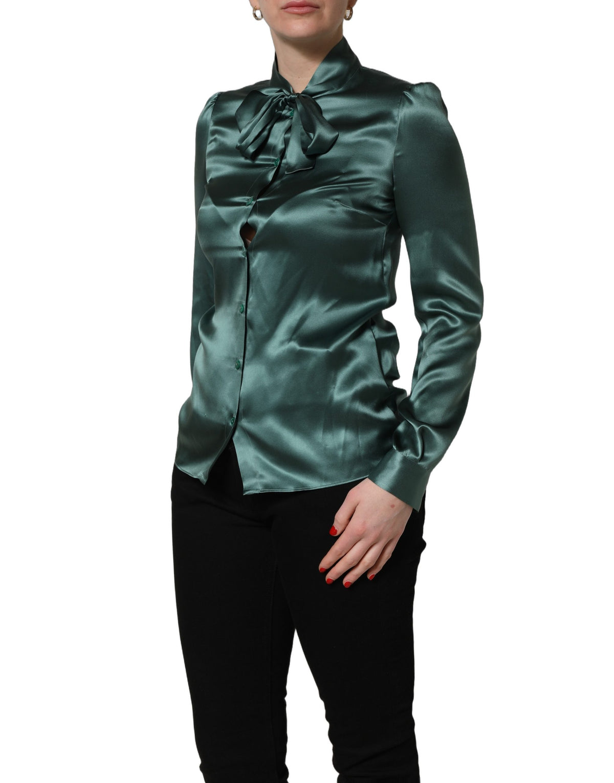 Dolce & Gabbana Dark Green Silk Satin Blouse for Timeless Elegance