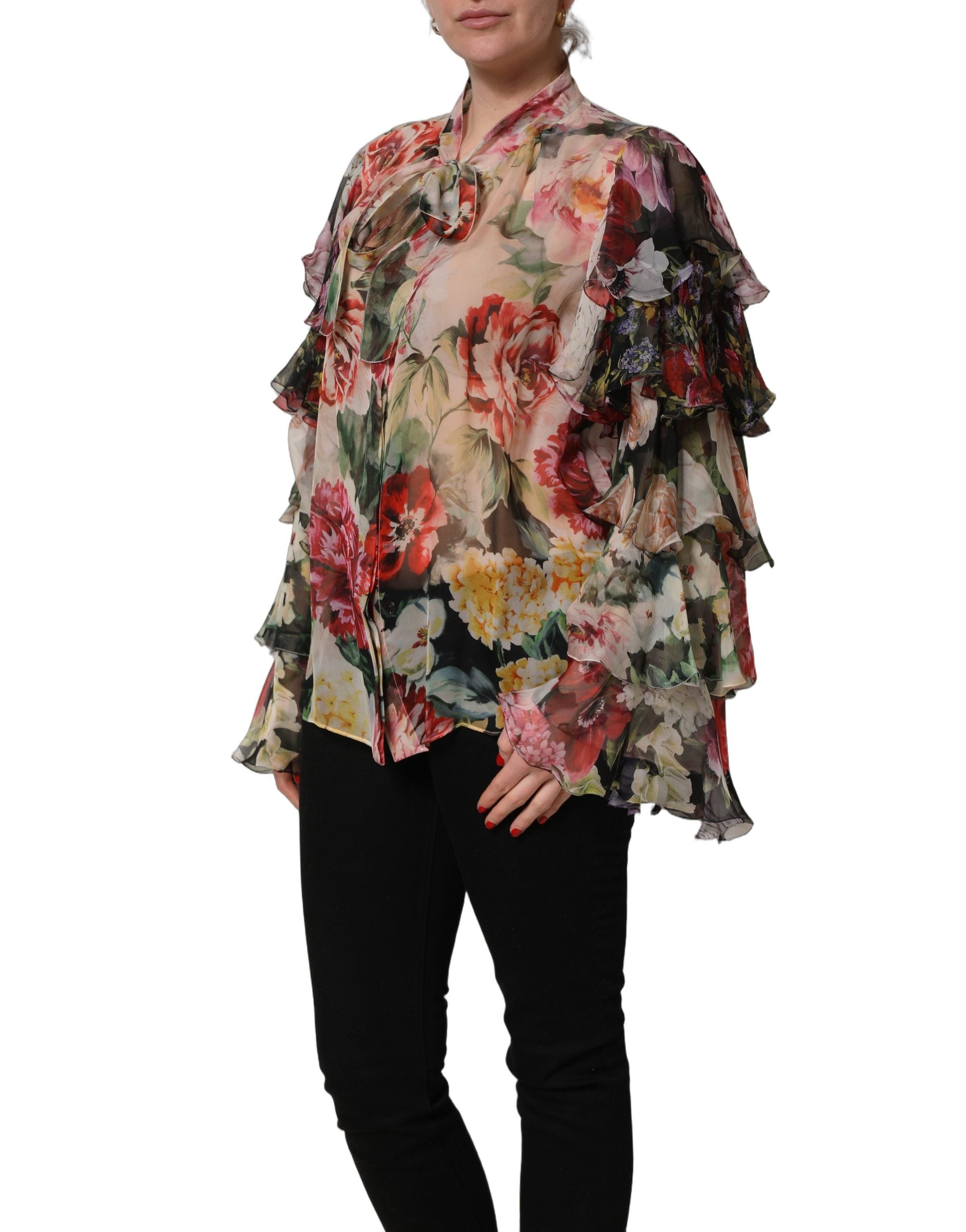Dolce & Gabbana Multicolor Floral Tie-Neck Silk Chiffon Blouse Top