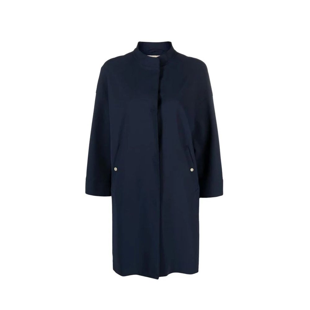 Indulge in the exquisite Herno Blue Elastane Coat, a harmonious blend of elegance and comfort, crafted for those who embrace luxury and sophistication.