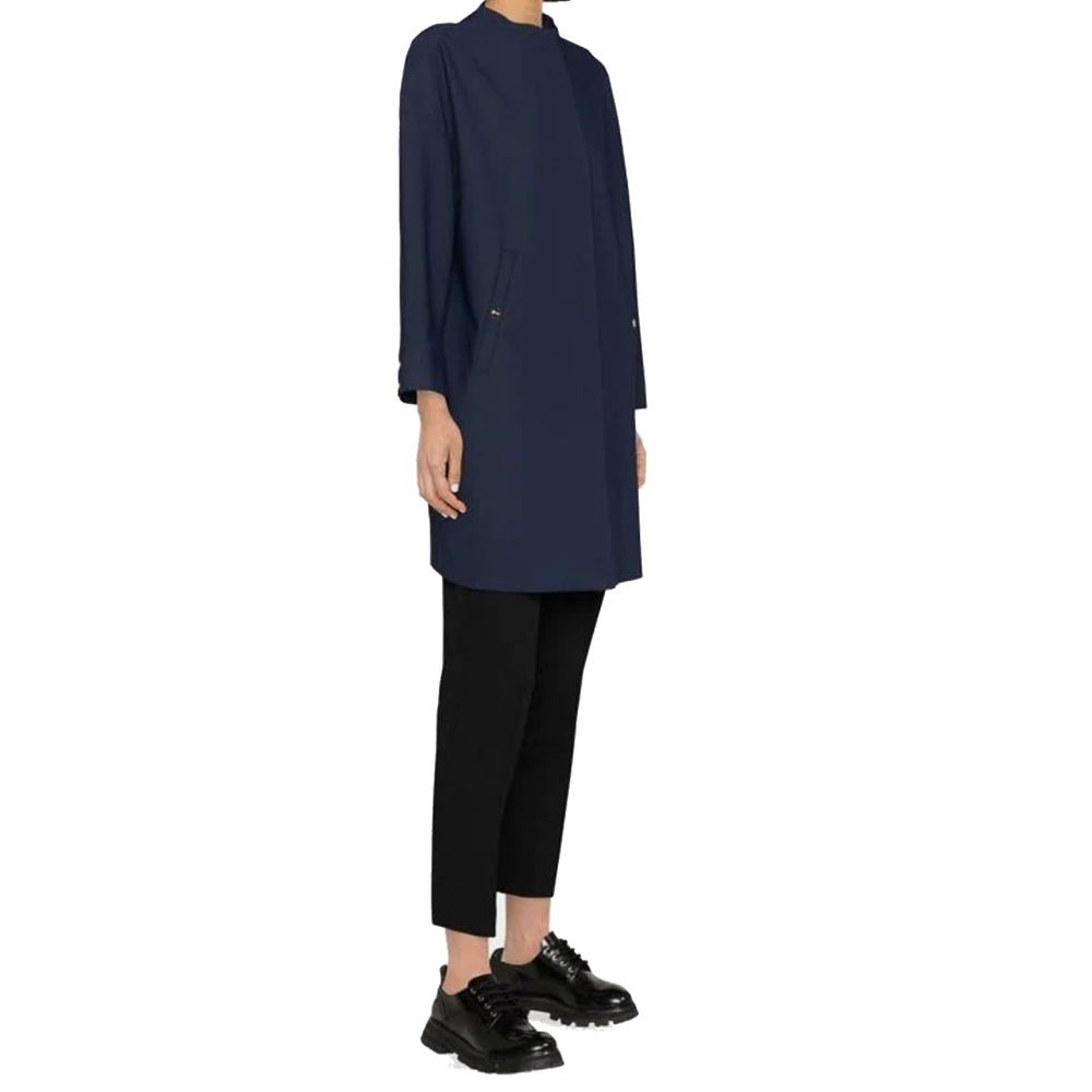 Elevate your wardrobe with the Herno Blue Elastane Coat, a masterpiece of exquisite craftsmanship and luxurious comfort, perfect for the discerning individual.