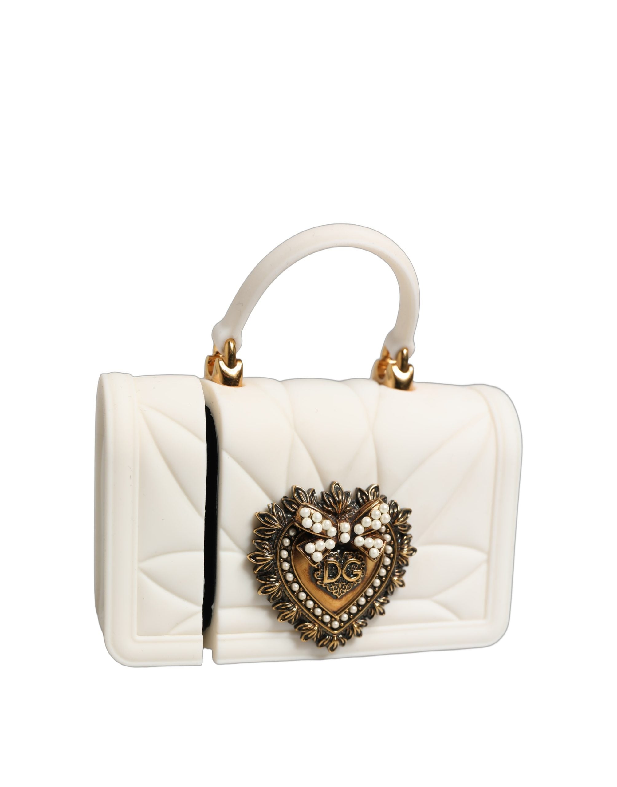 Discover the exquisite Dolce & Gabbana White Silicone Devotion Heart Cover Hand Bag Airpod, a symbol of luxury and artistry, crafted for those who embrace elegance.
