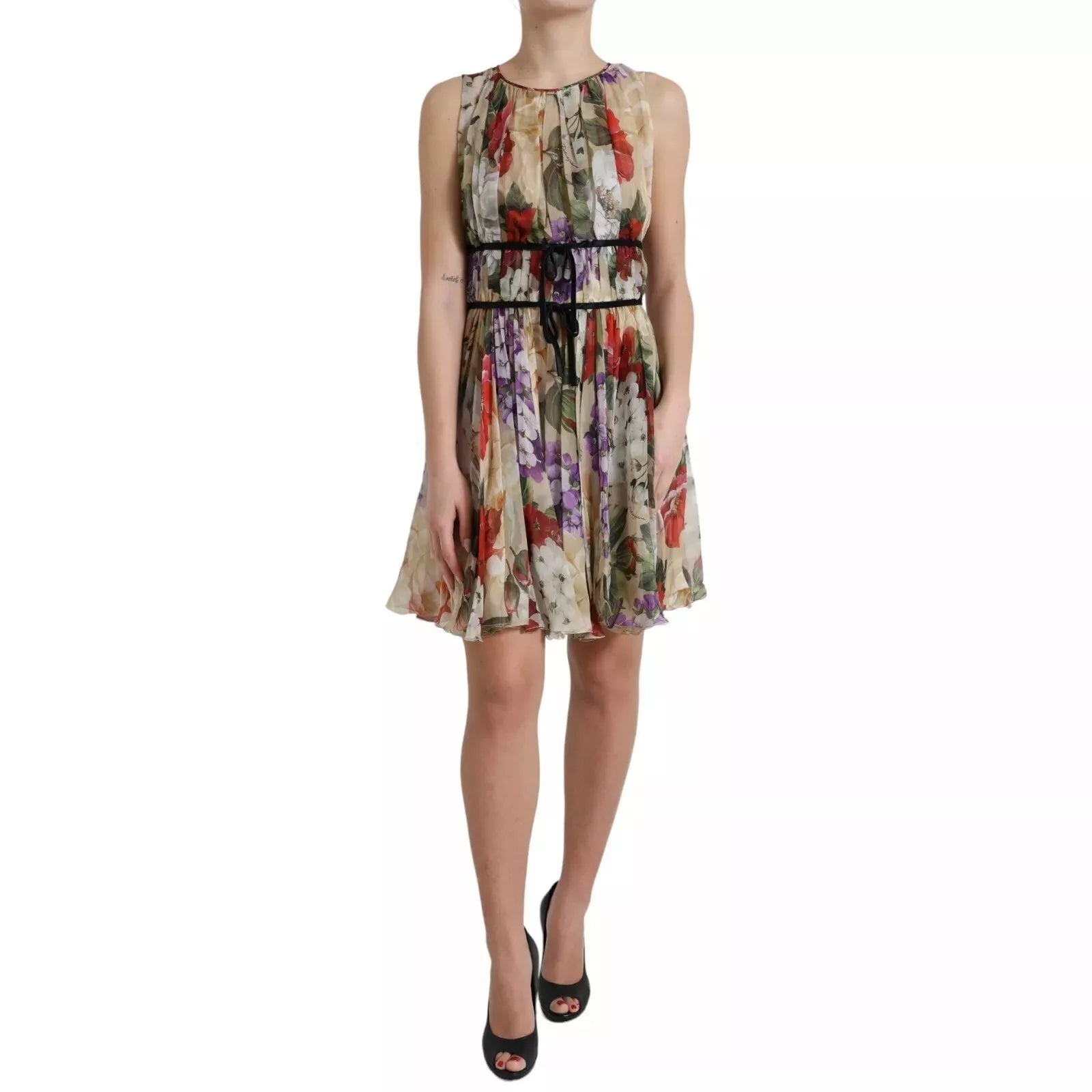 Dolce & Gabbana Beige Floral Silk Mini Dress - Timeless Elegance
