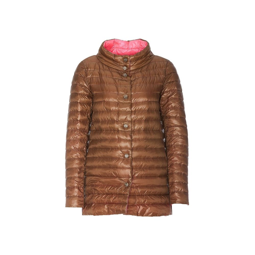 Indulge in the exquisite Herno Brown Polyamide Coat, a masterpiece of luxury with 90/10 goose down padding, crafted for those who embody elegance and sophistication.