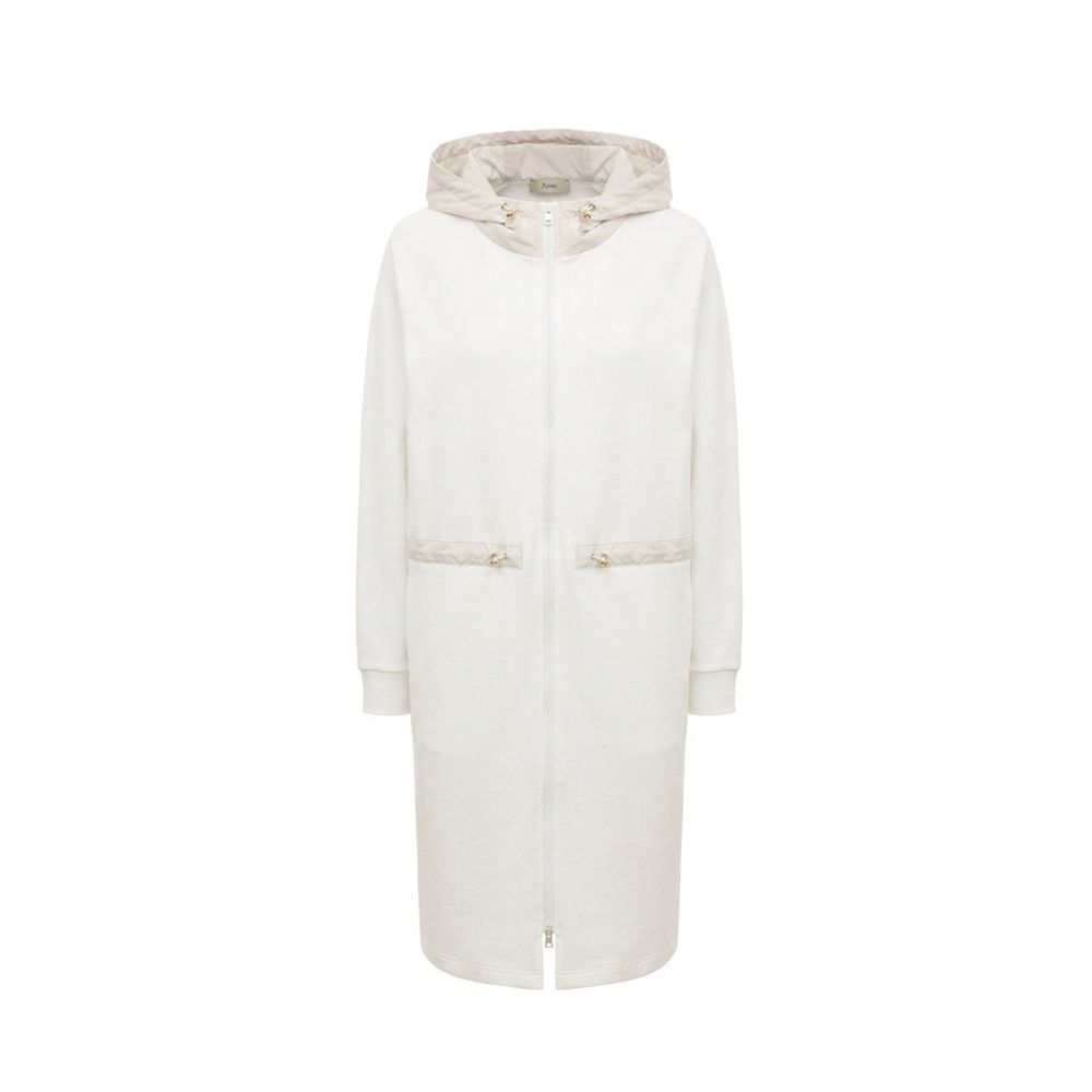 Elevate your wardrobe with the Herno White Cotton Coat, a masterpiece of Italian craftsmanship, featuring a drawstring hood and waist for effortless sophistication.