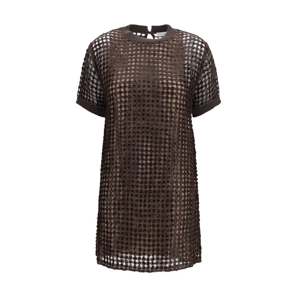 Elevate your elegance with the Brunello Cucinelli Brown Silk Cocktail Dress, a masterpiece of silk and linen adorned with sequins, perfect for sophisticated soirées.