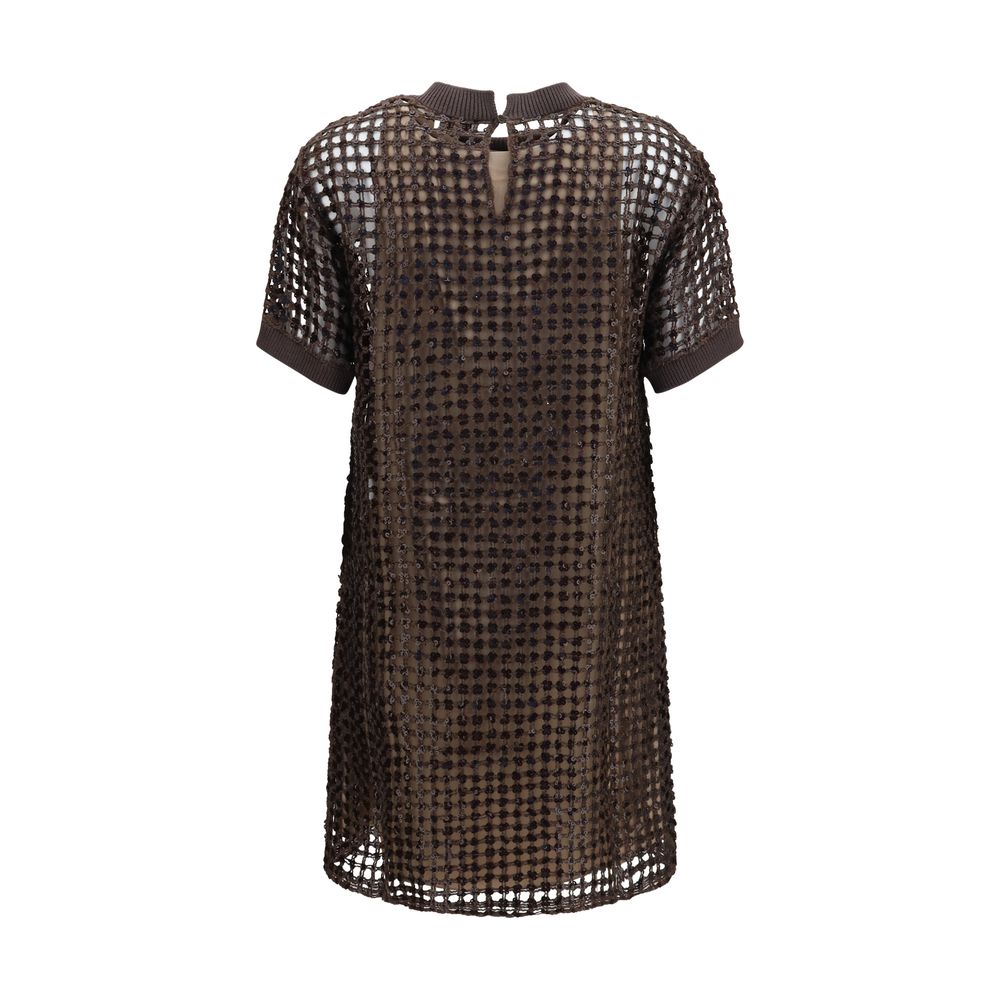 Discover the Brunello Cucinelli Brown Silk Cocktail Dress, a masterpiece of silk and linen adorned with sequins, epitomizing elegance for unforgettable soirées.