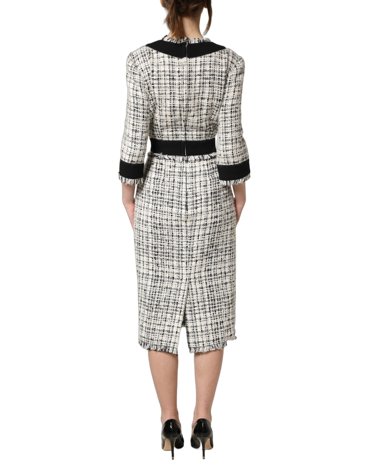Dolce & Gabbana Black White Tweed A-line Midi Dress Luxury