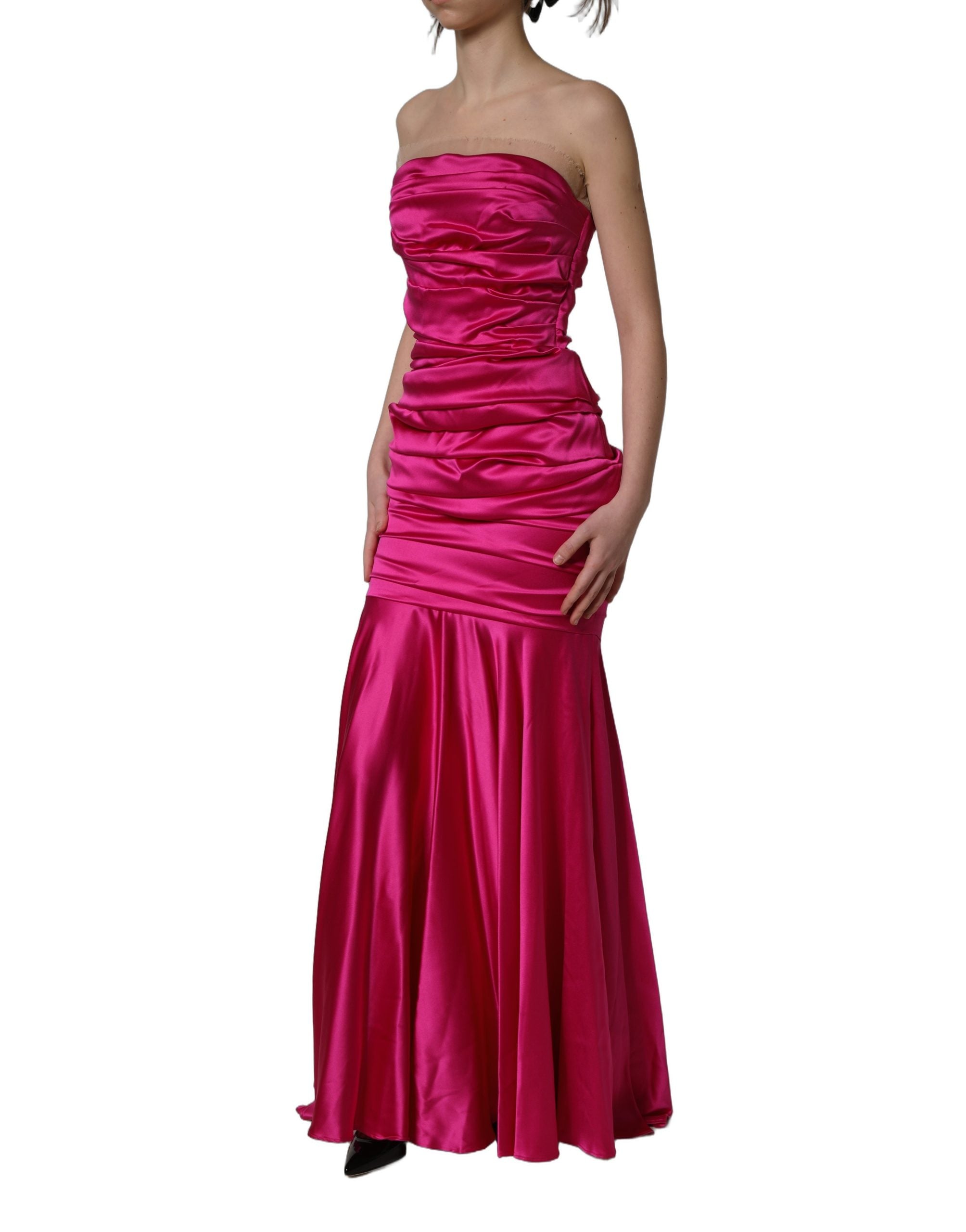 Dolce & Gabbana Hot Pink Ruched Satin Strapless Gown