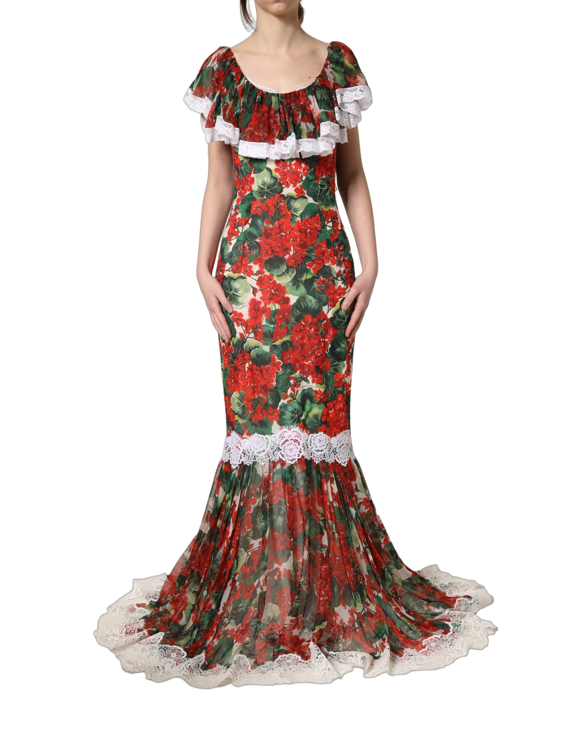 Indulge in the exquisite elegance of the Dolce & Gabbana Multicolor Geranium Flower Lace Maxi Dress, a luxurious blend of silk and cotton, perfect for unforgettable moments.