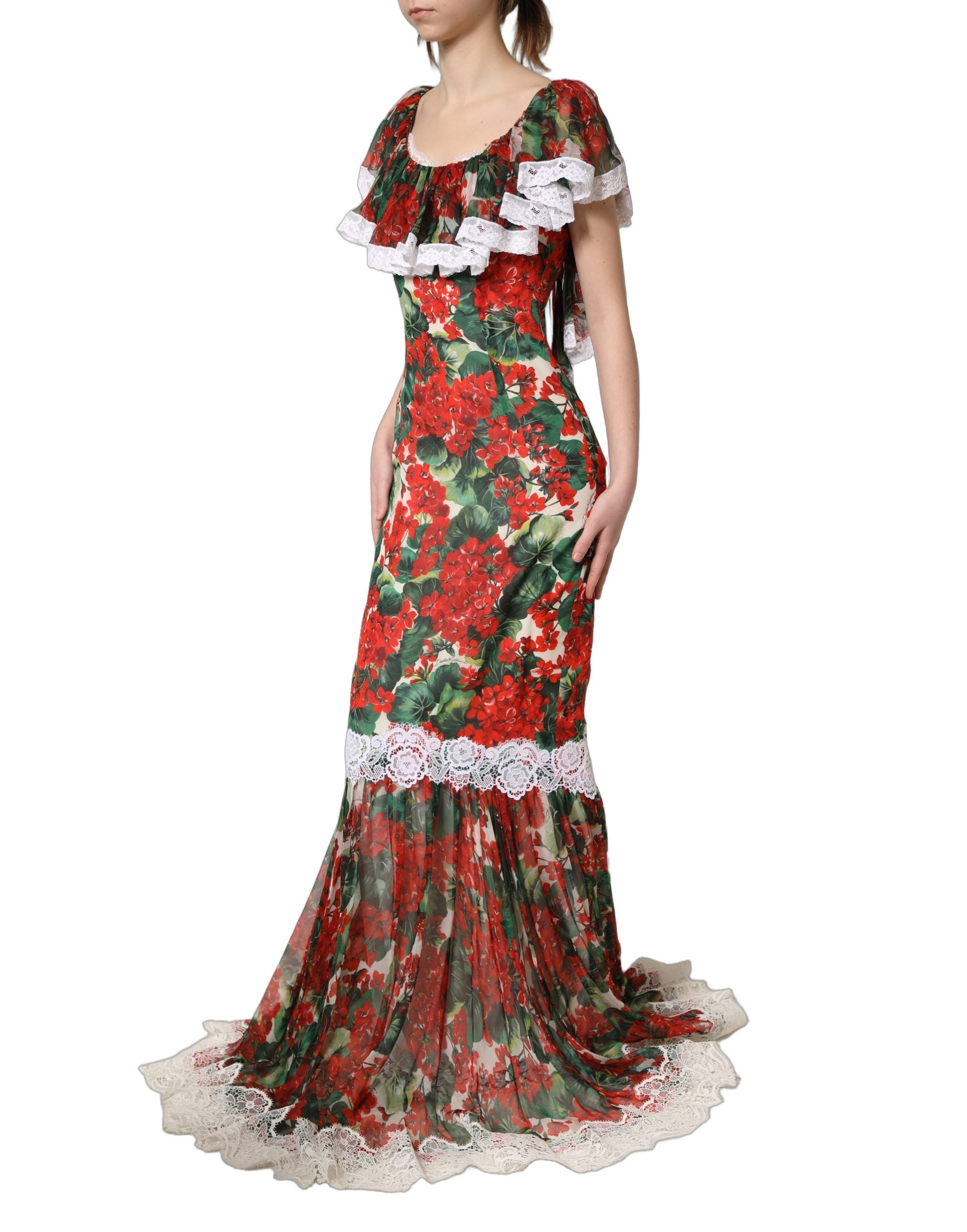 Indulge in the exquisite allure of the Dolce & Gabbana Multicolor Geranium Flower Lace Maxi Dress, a masterpiece of silk and cotton that redefines elegance for any occasion.