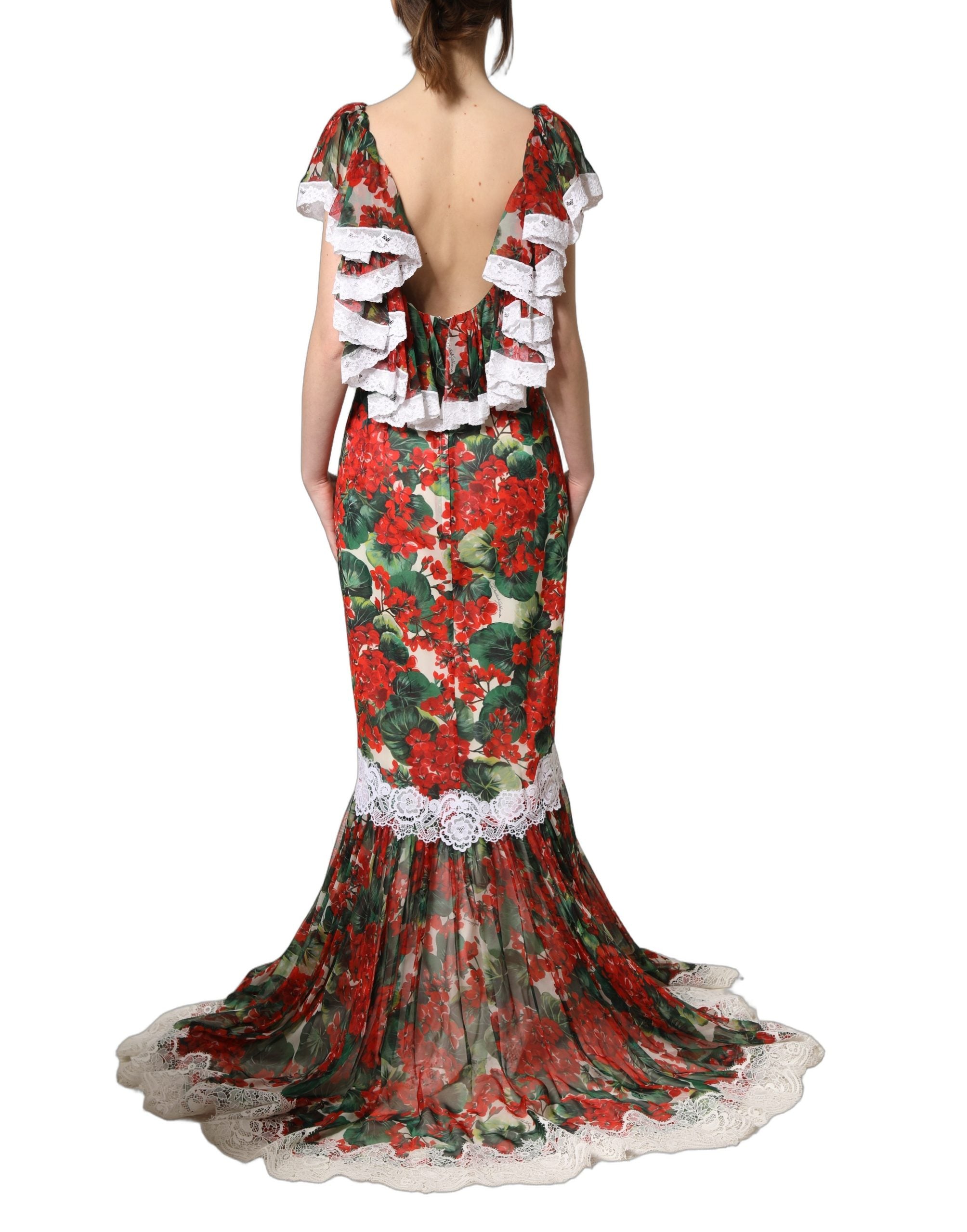 Indulge in the exquisite allure of the Dolce & Gabbana Multicolor Geranium Flower Lace Maxi Dress, a masterpiece of silk and cotton that embodies timeless elegance and sophistication.