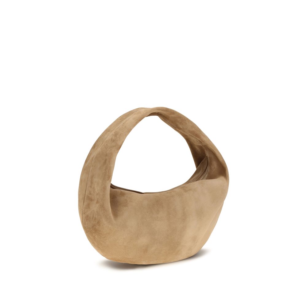 Elevate your style with the Khaite Beige Calf Leather Bos Taurus Shoulder Bag, a masterpiece of luxurious suede, embodying relaxed elegance for the discerning individual.