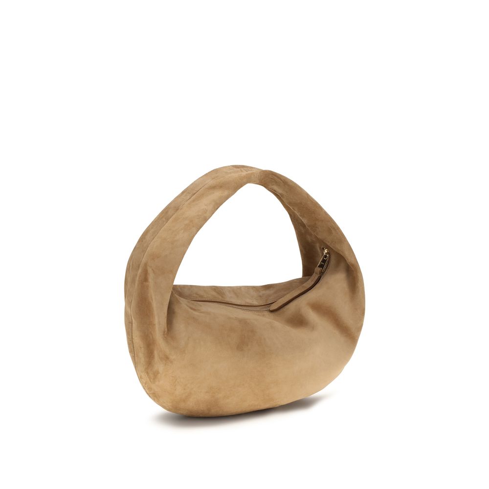 Elevate your style with the Khaite Beige Calf Leather Bos Taurus Shoulder Bag, a masterpiece of luxurious suede, embodying relaxed elegance for the discerning individual.