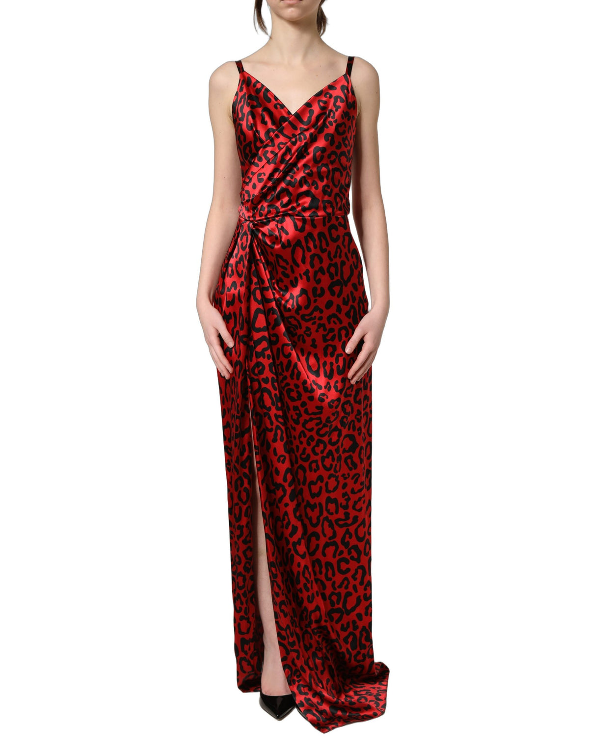 Dolce & Gabbana Red Leopard Draped Maxi Dress - Exquisite Silk Elegance