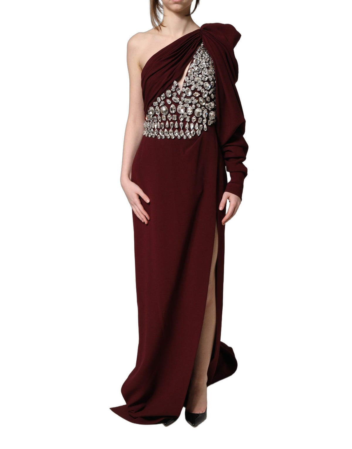 Dolce & Gabbana Maroon Crystal One Shoulder Evening Gown