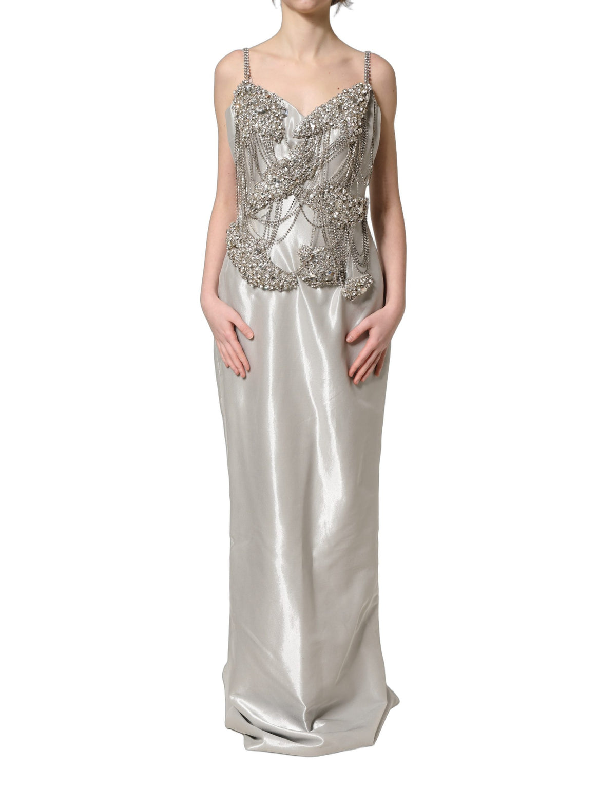 Dolce & Gabbana Silver Crystal Evening Gown - Timeless Elegance