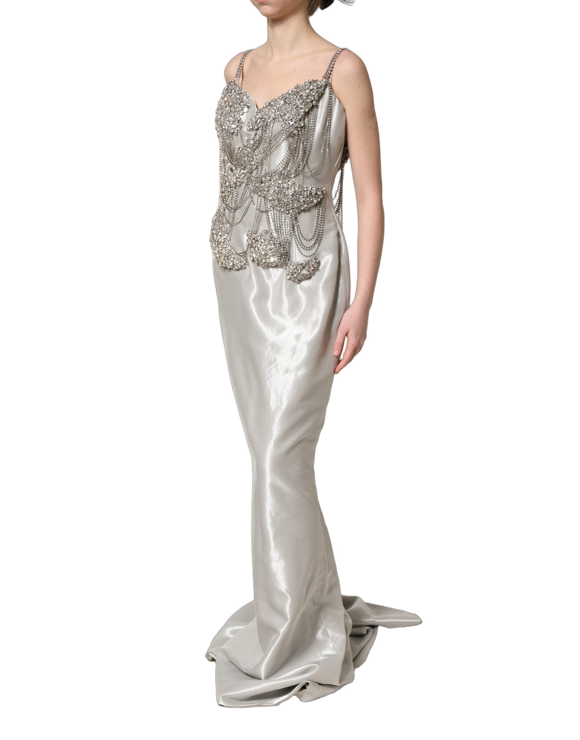 Dolce & Gabbana Silver Crystal Embellished Evening Gown Couture