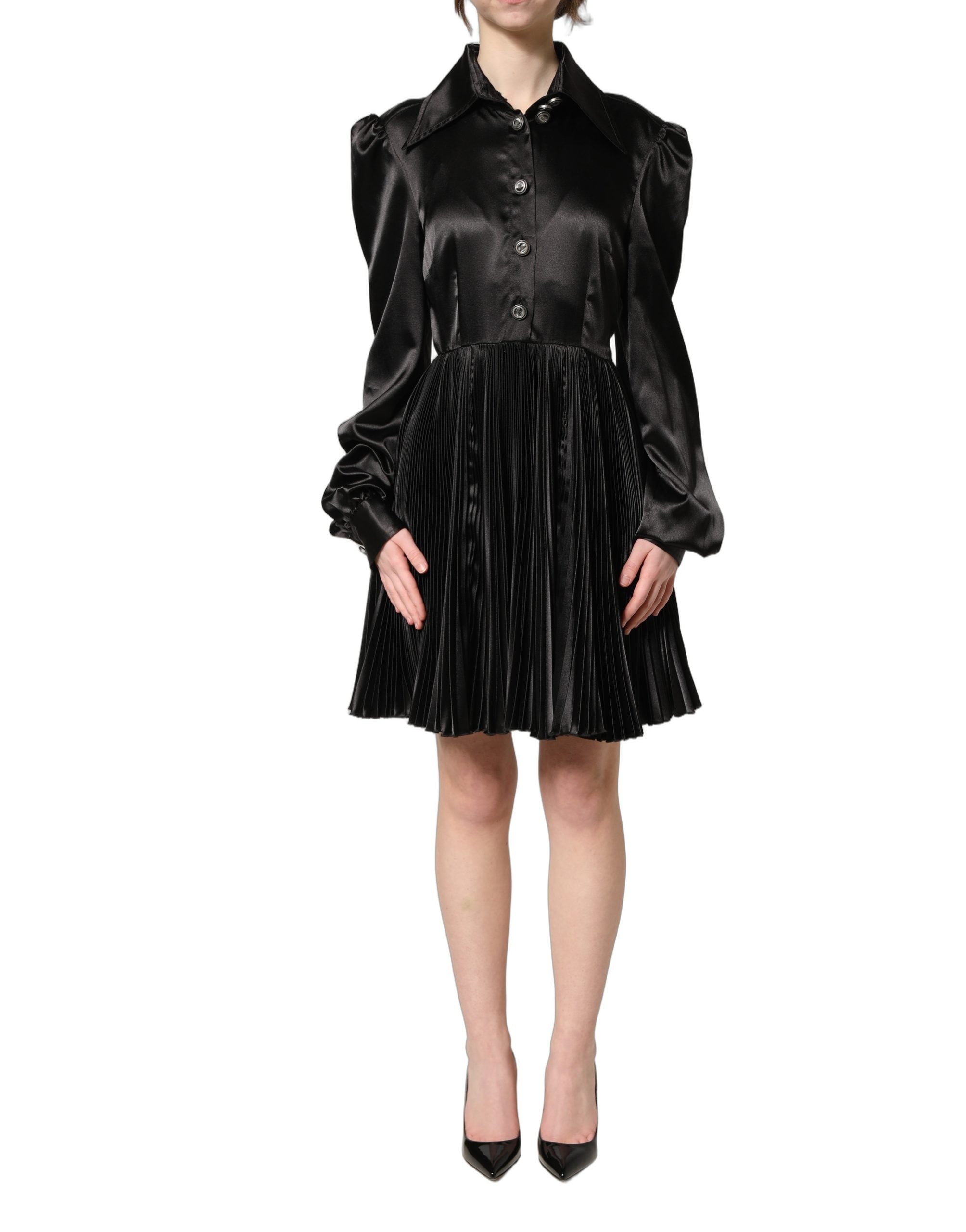 Dolce & Gabbana Black Satin Pleated A-line Dress - Couture Elegance