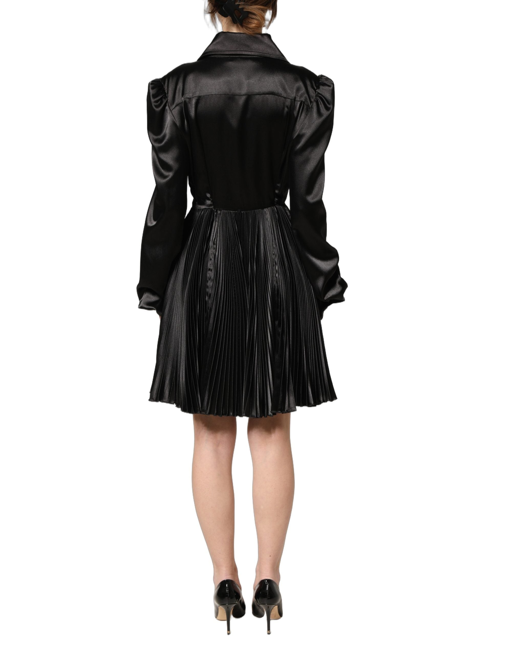 Dolce & Gabbana Black Satin Pleated A-line Dress - Couture