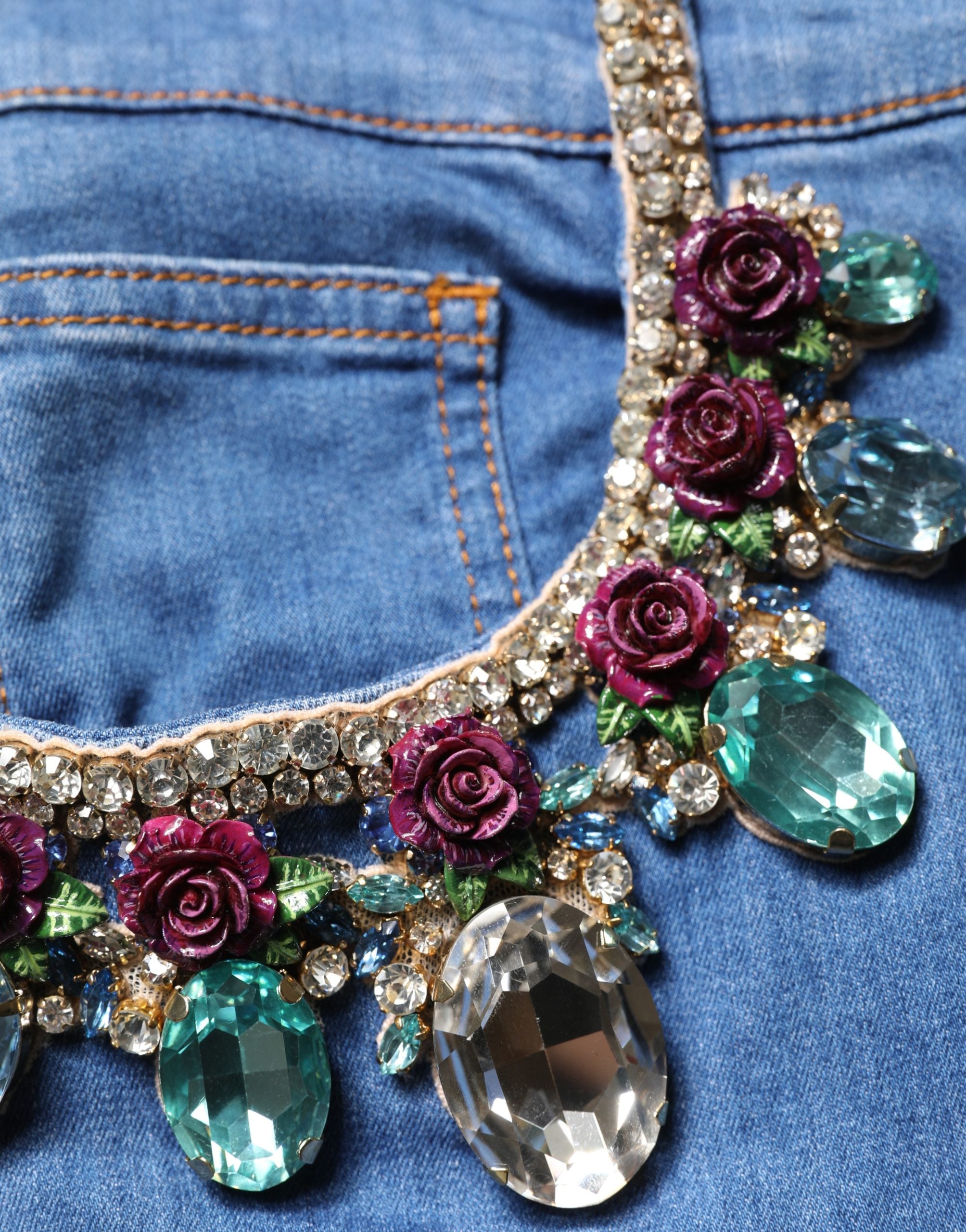 Dolce & Gabbana Blue Cotton Embellished Bermuda Denim Shorts