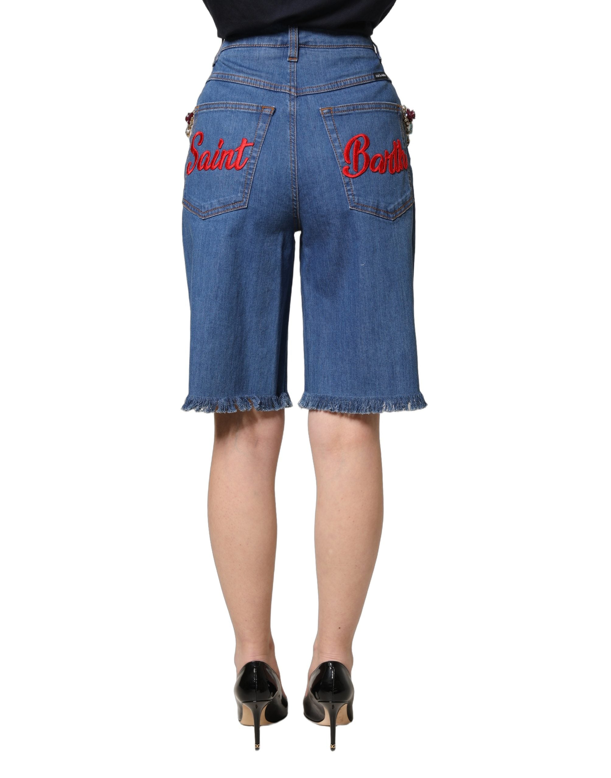 Dolce & Gabbana Blue Cotton Embellished Bermuda Denim Shorts
