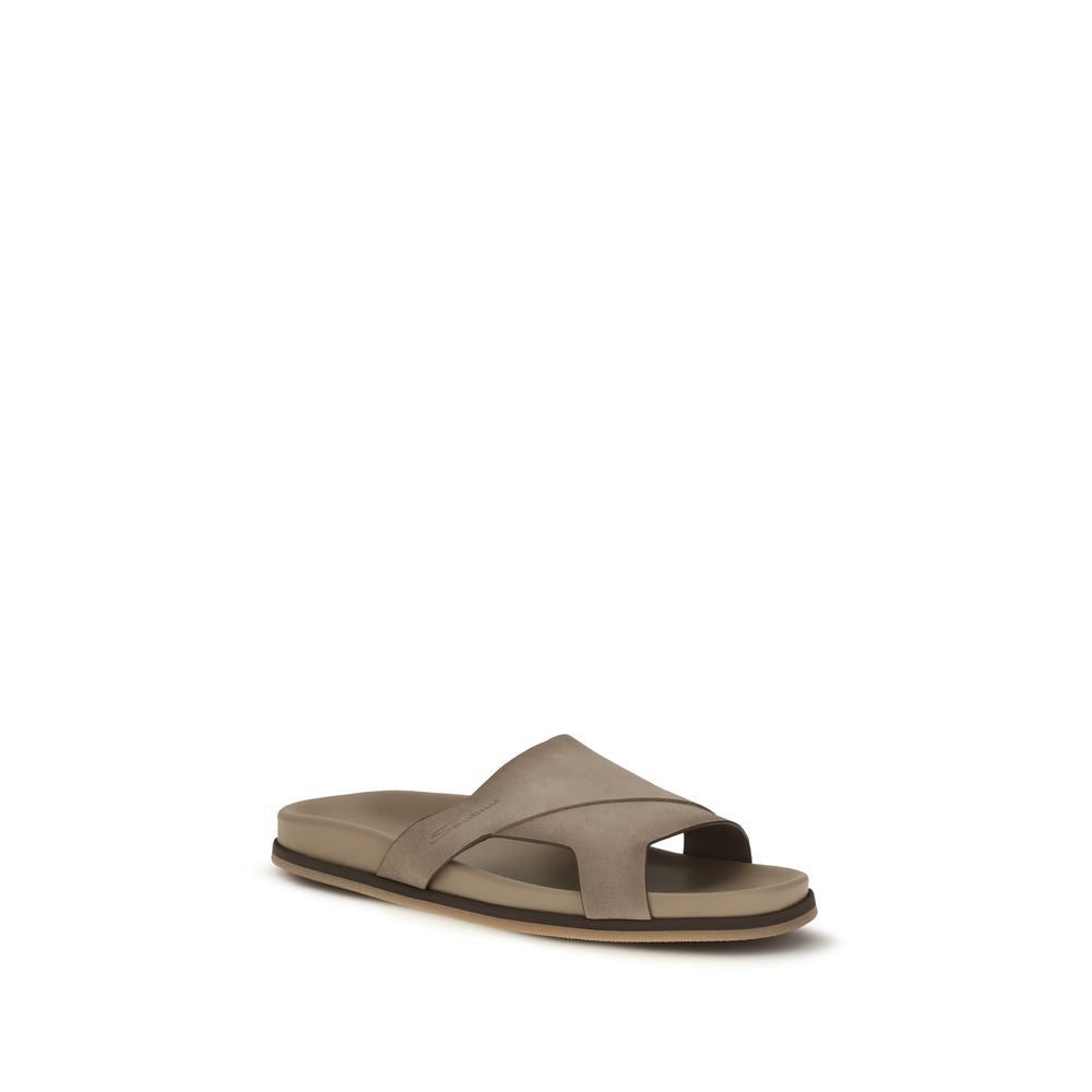 Indulge in the Santoni Beige Calf Leather Bos Taurus Flat Sandals, where exquisite craftsmanship meets timeless elegance, perfect for the discerning individual.
