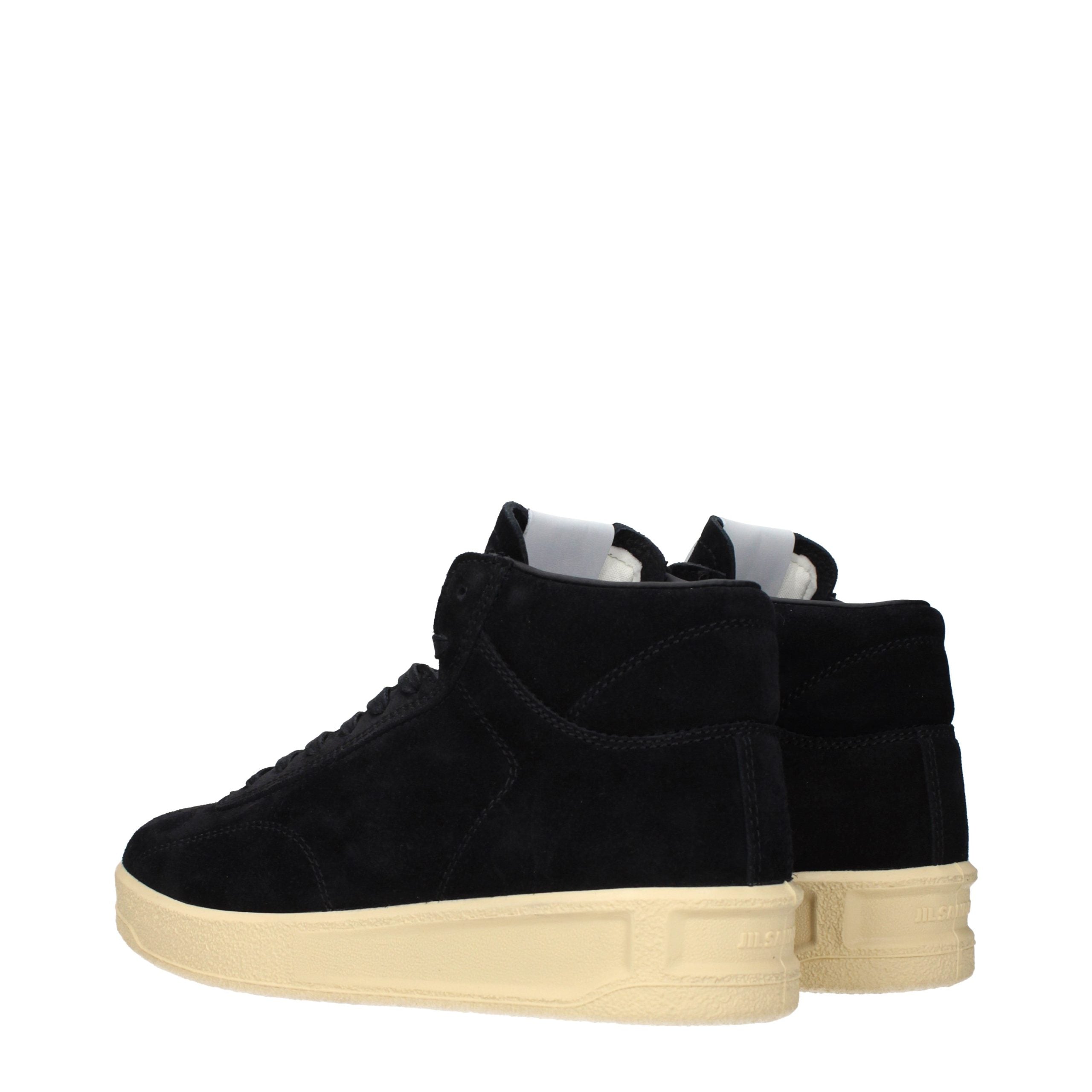 Experience the exquisite craftsmanship of Jil Sander Black Leather High Top Sneakers, where luxurious suede and leather redefine elegance for the discerning individual.