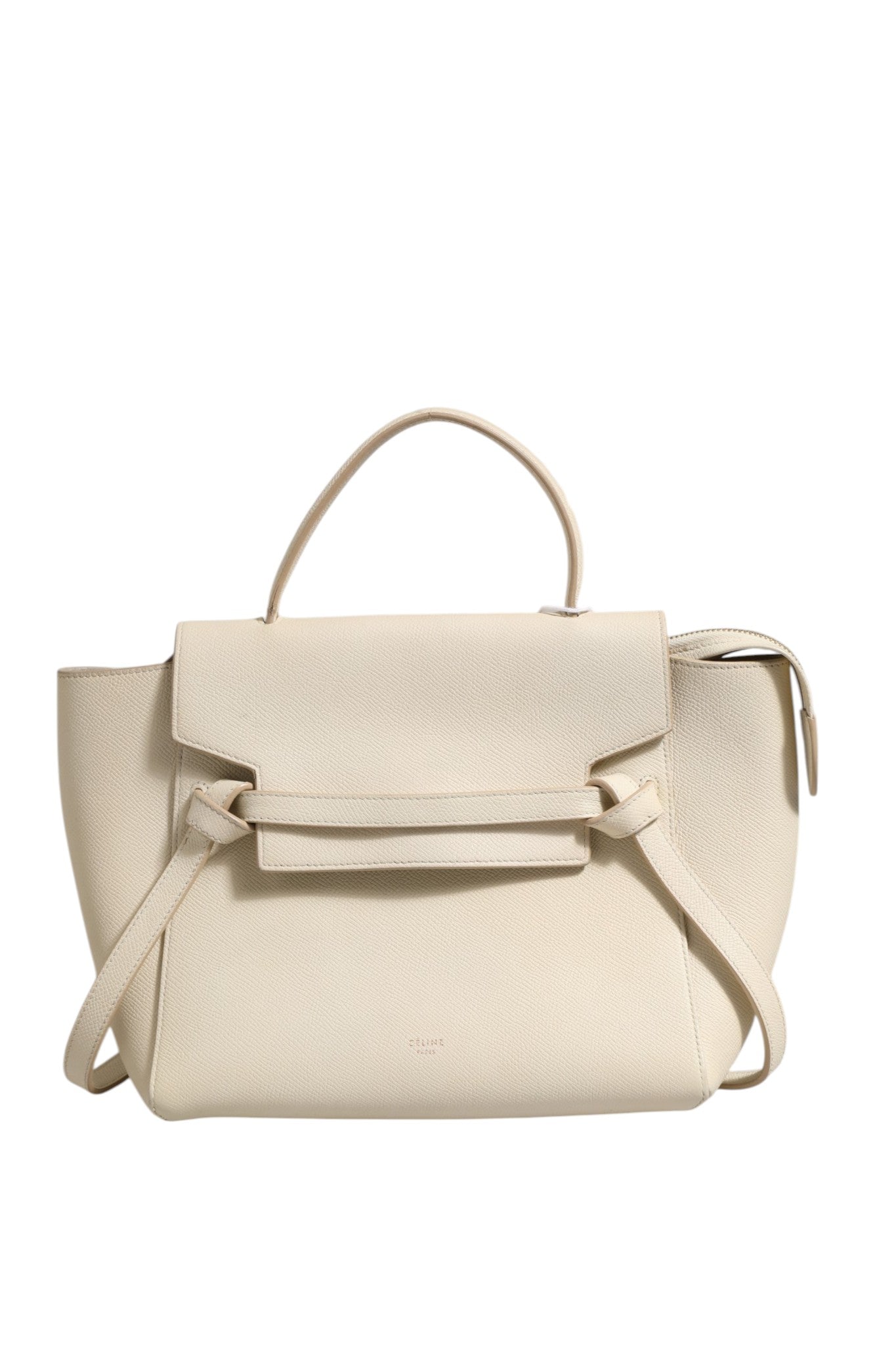 Elevate your style with the Celine Nano Belt Bag in Off White grained calfskin, a timeless piece that embodies luxury and sophistication for the discerning individual.