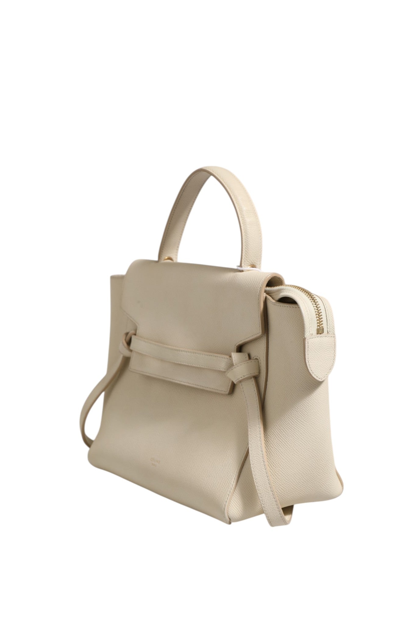 Elevate your style with the Celine Nano Belt Bag, crafted from luxurious grained calfskin in Off White, embodying sophistication and timeless elegance for the discerning individual.