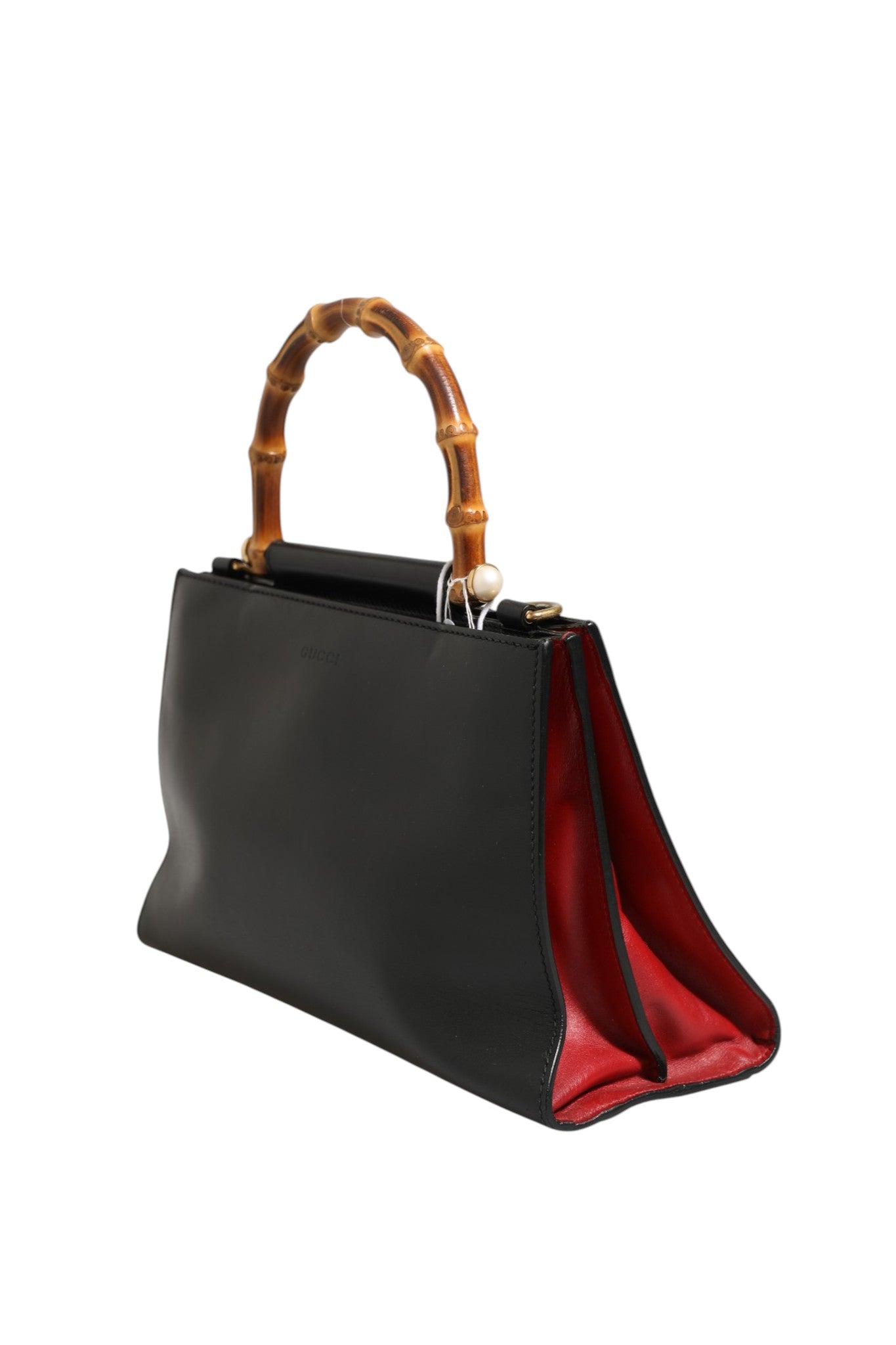 Elevate your style with the Gucci Nymphaea Bamboo Top Handle Leather Bag, a masterpiece of craftsmanship in luxurious black leather, perfect for any sophisticated occasion.