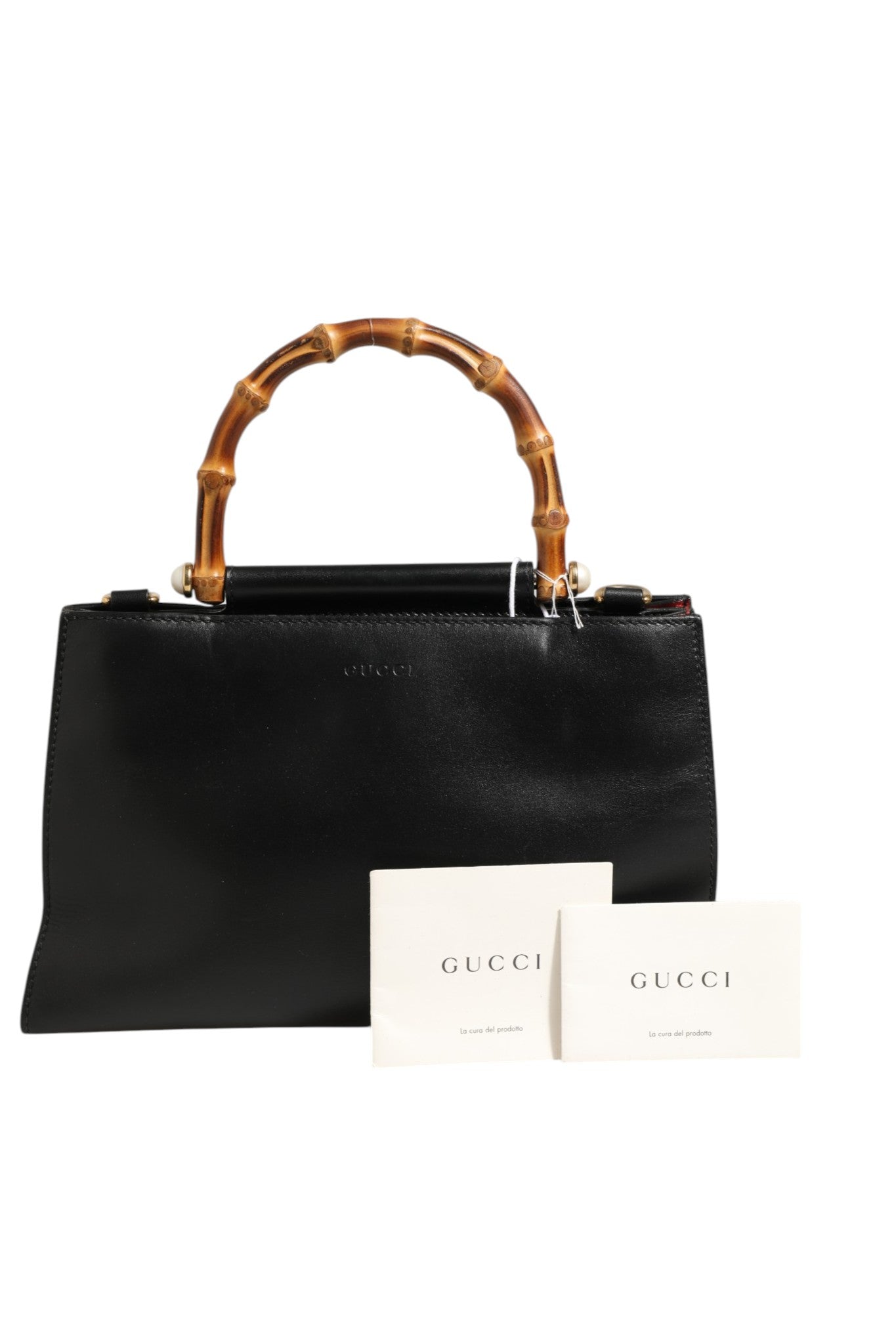 Discover the Gucci Nymphaea Bamboo Top Handle Leather Bag, a masterpiece of craftsmanship in luxurious black leather, perfect for the discerning connoisseur.