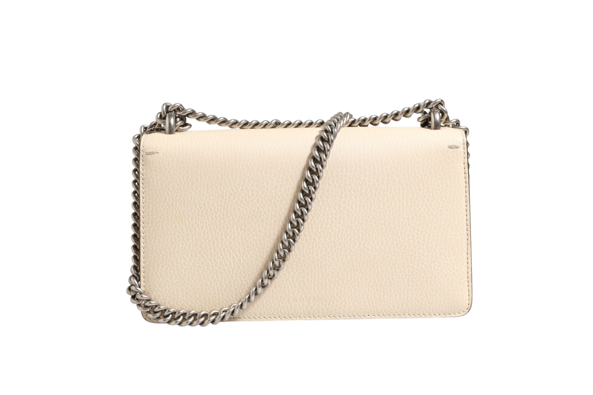 Experience the allure of the Gucci Dionysus White Leather Handbag, a timeless masterpiece of luxury craftsmanship, perfect for elevating any ensemble with sophistication.
