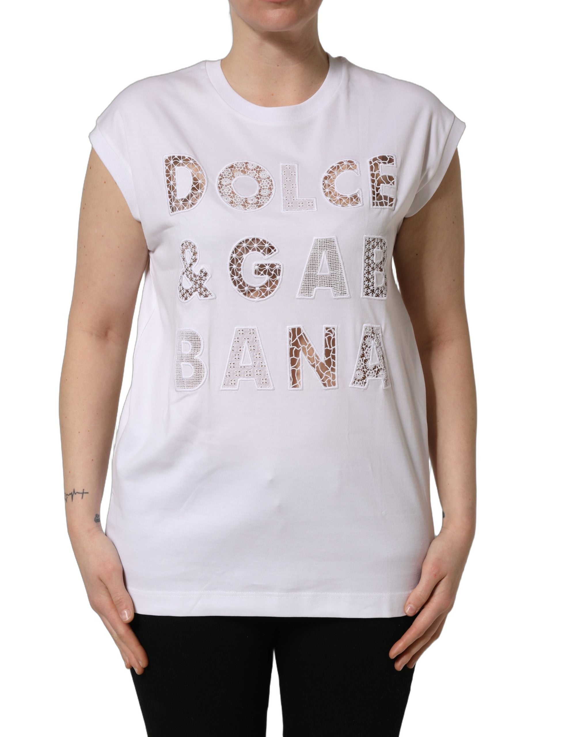 Elevate your wardrobe with the Dolce & Gabbana White Logo Round Neck Sleeveless T-shirt, a masterpiece of Italian craftsmanship in luxurious cotton, perfect for any sophisticated occasion.