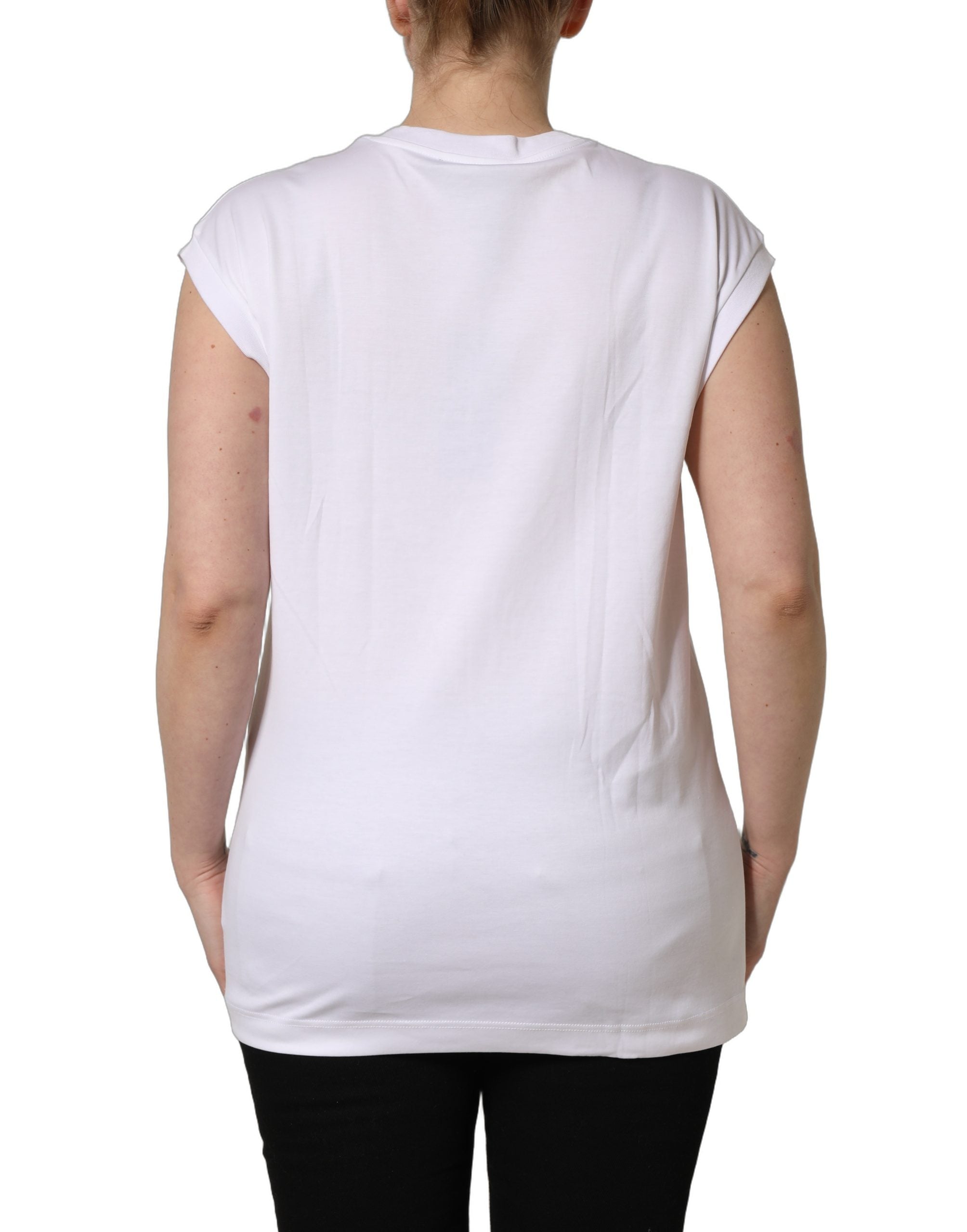 Indulge in the exquisite Dolce & Gabbana White Logo Round Neck Sleeveless T-shirt, crafted in Italy from soft cotton, a timeless blend of elegance and modern luxury.
