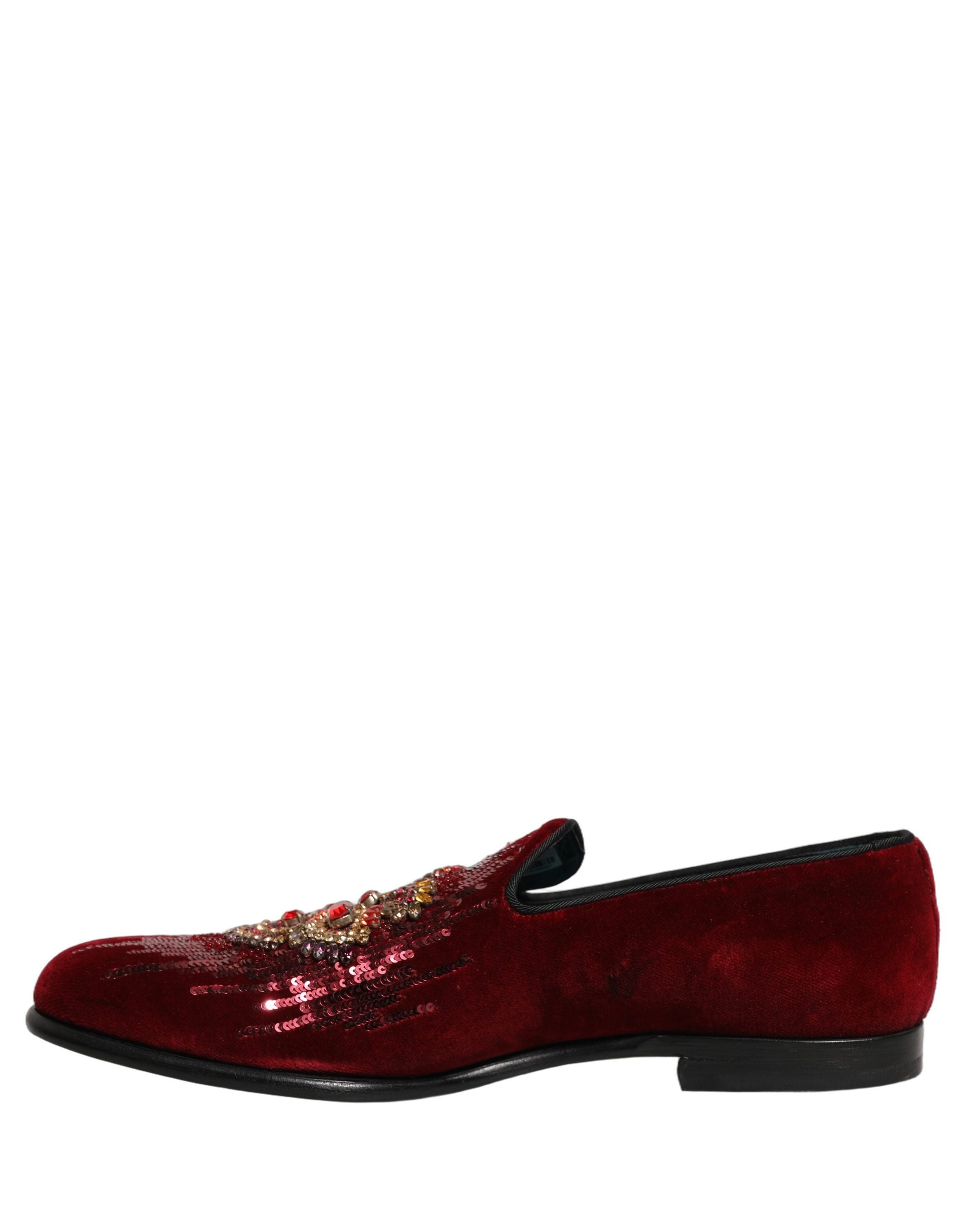 Dolce & Gabbana Maroon Sequin Gemstone Loafers - Luxe Elegance