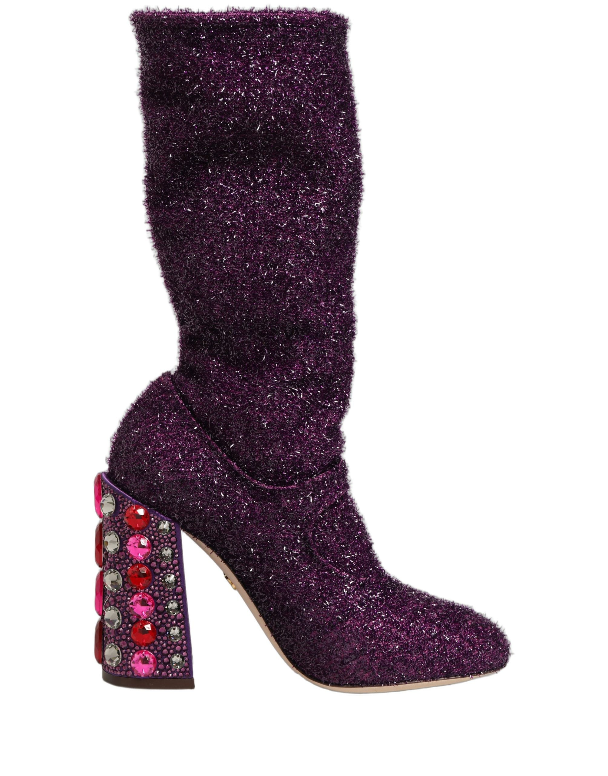 Dolce & Gabbana Purple Crystal Lurex High Boots Couture