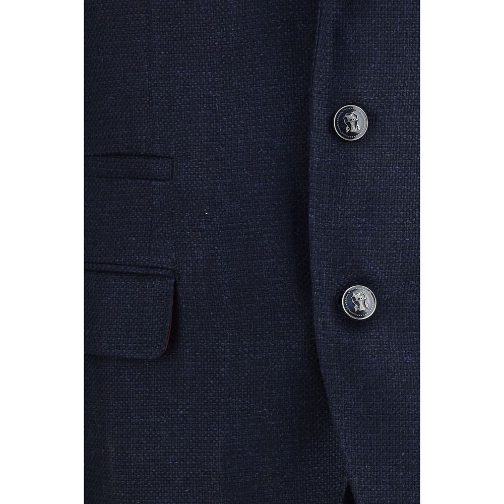 Experience the sublime elegance of the Brunello Cucinelli Blue Wool Oves Aries Two-Piece Suit, crafted from a luxurious blend of wool, linen, and silk for the discerning individual.