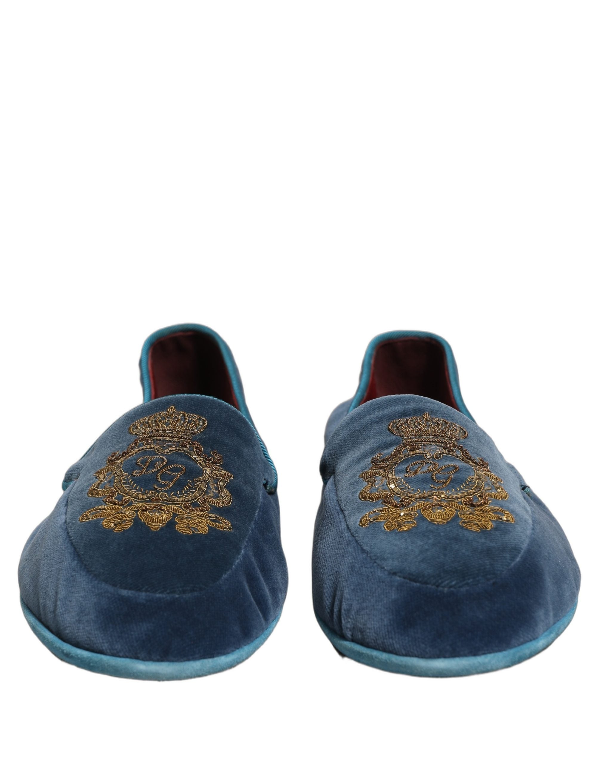 Dolce & Gabbana Blue Velvet Crown Embroidery Loafers Couture