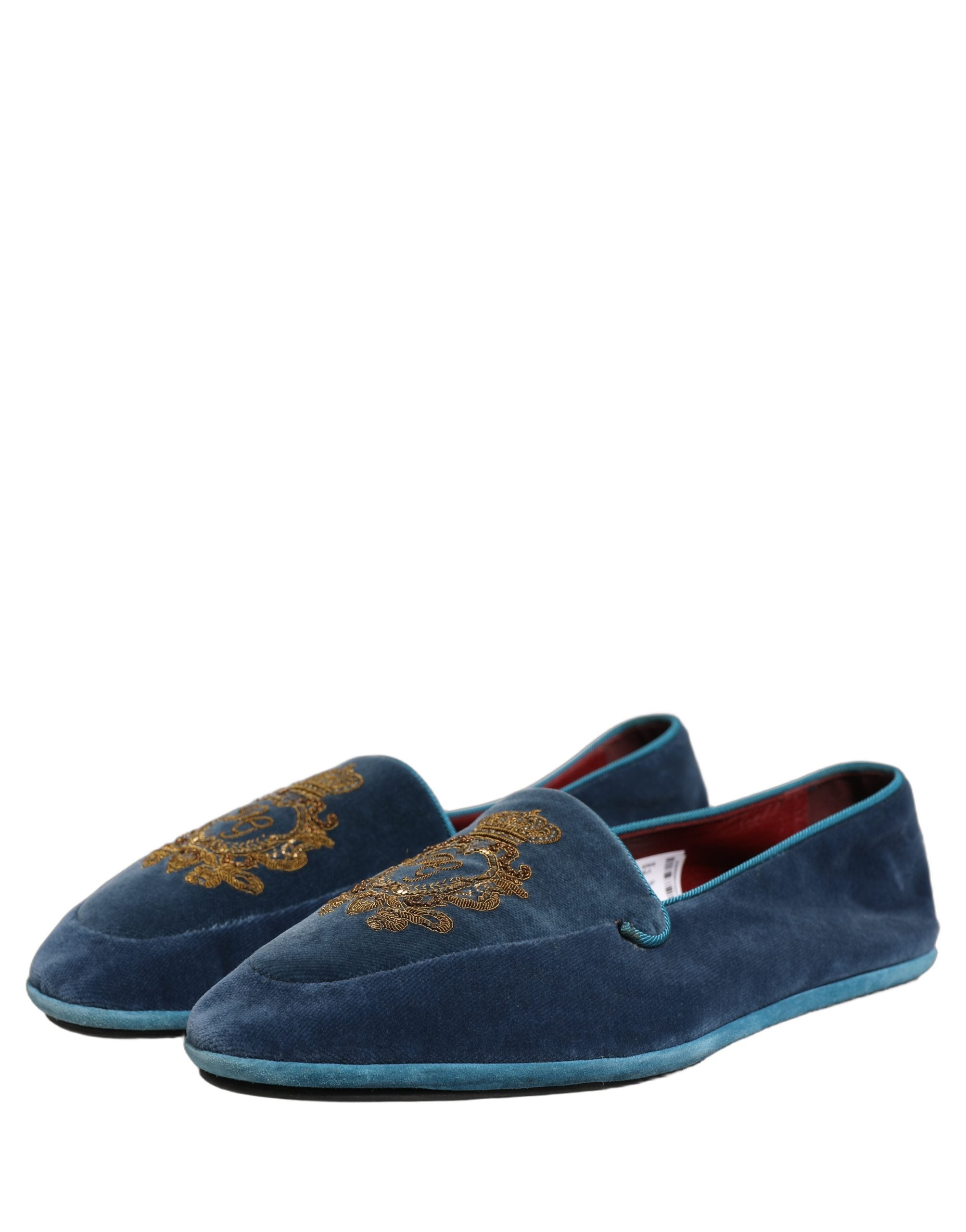 Dolce & Gabbana Blue Velvet Crown Embroidery Loafers Couture