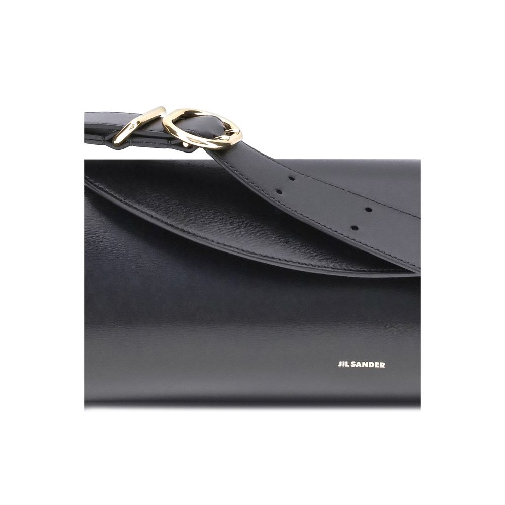 Indulge in the exquisite Jil Sander Black Calf Leather Bos Taurus Shoulder Bag, a masterpiece of geometric design and luxurious craftsmanship, perfect for the discerning individual.