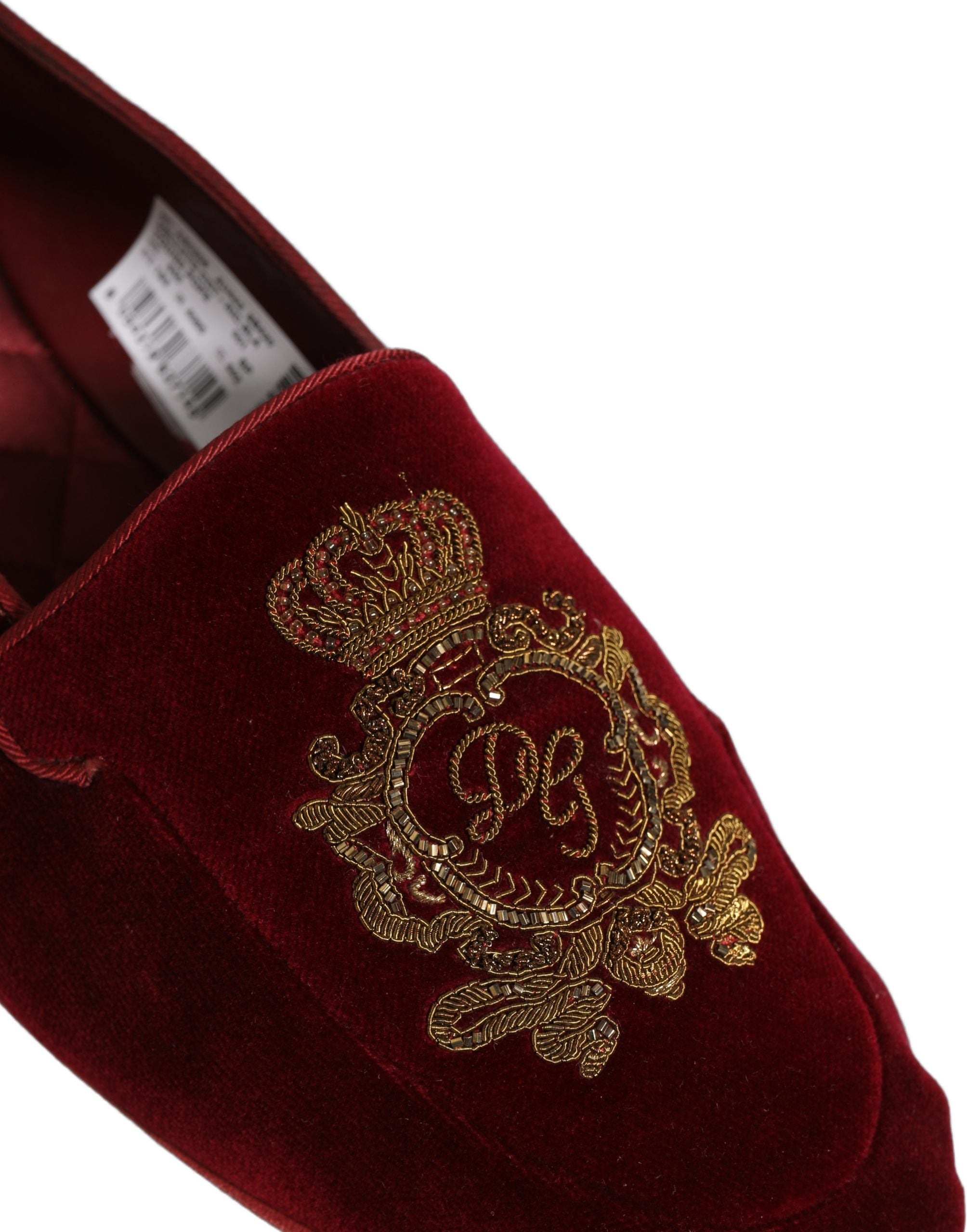 Dolce & Gabbana Maroon Velvet Crown Embroidery Loafers