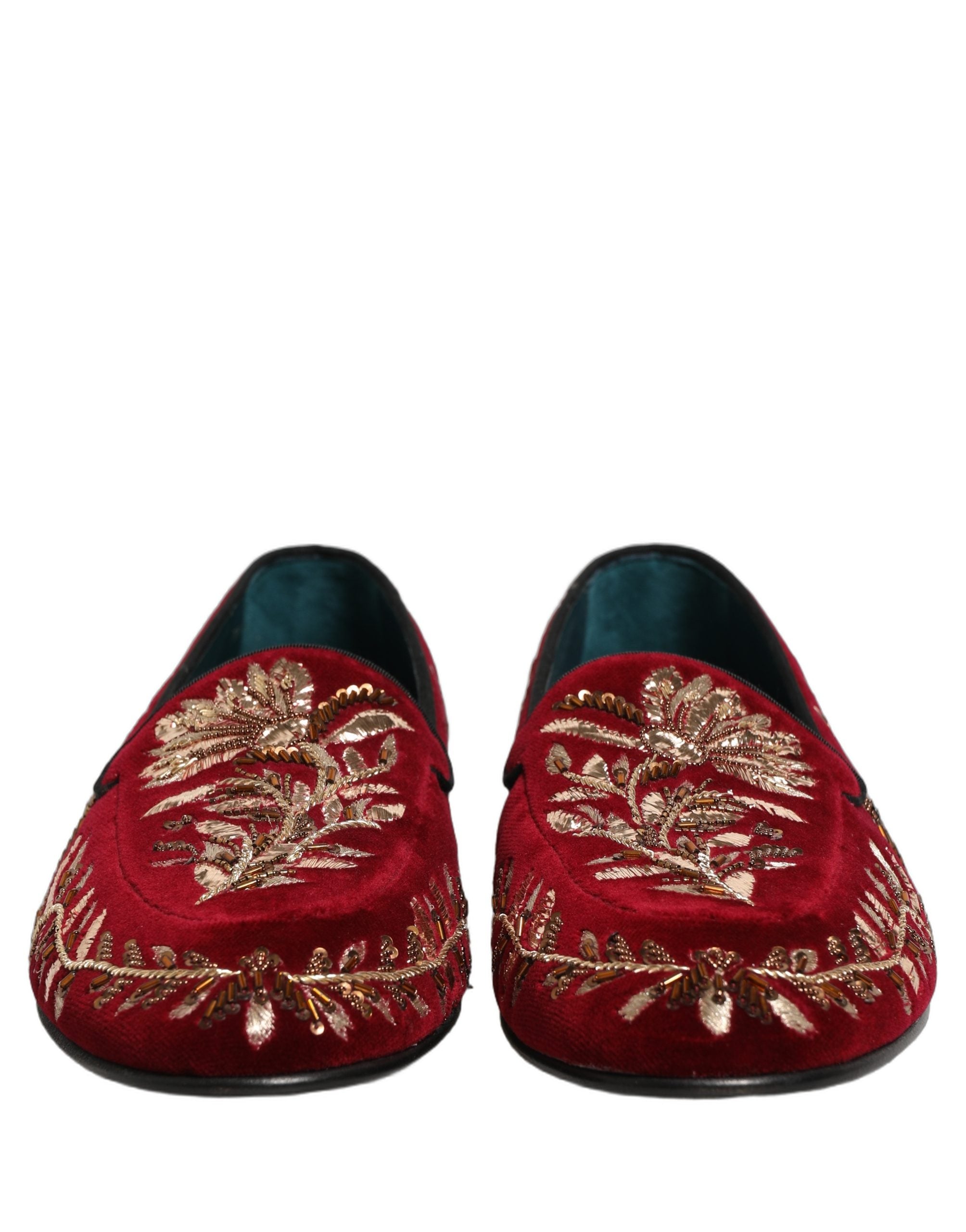 Dolce & Gabbana Red Velvet Floral Embroidery Loafers - Luxury Elegance