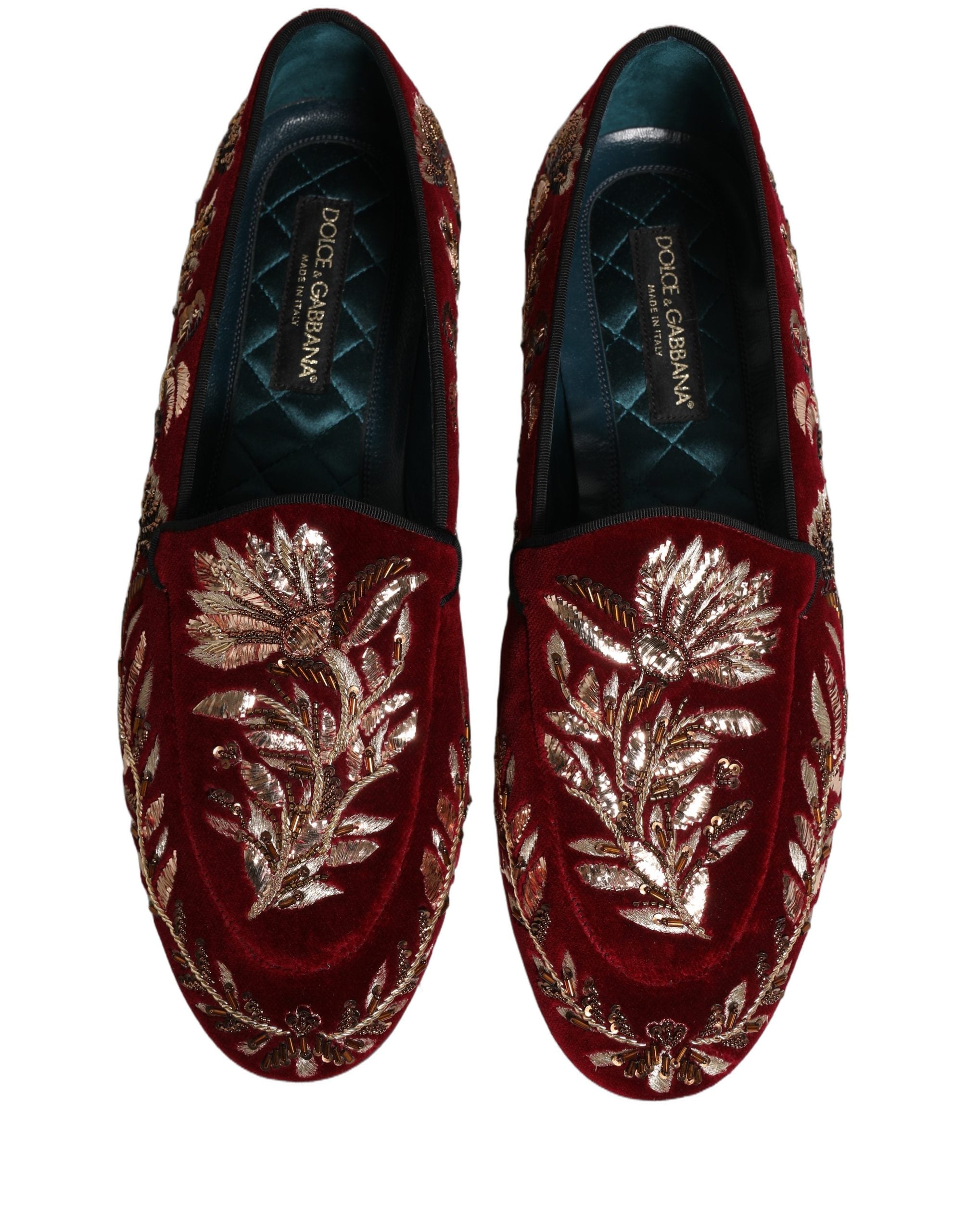 Dolce & Gabbana Red Velvet Floral Embroidery Loafers - Luxury Footwear