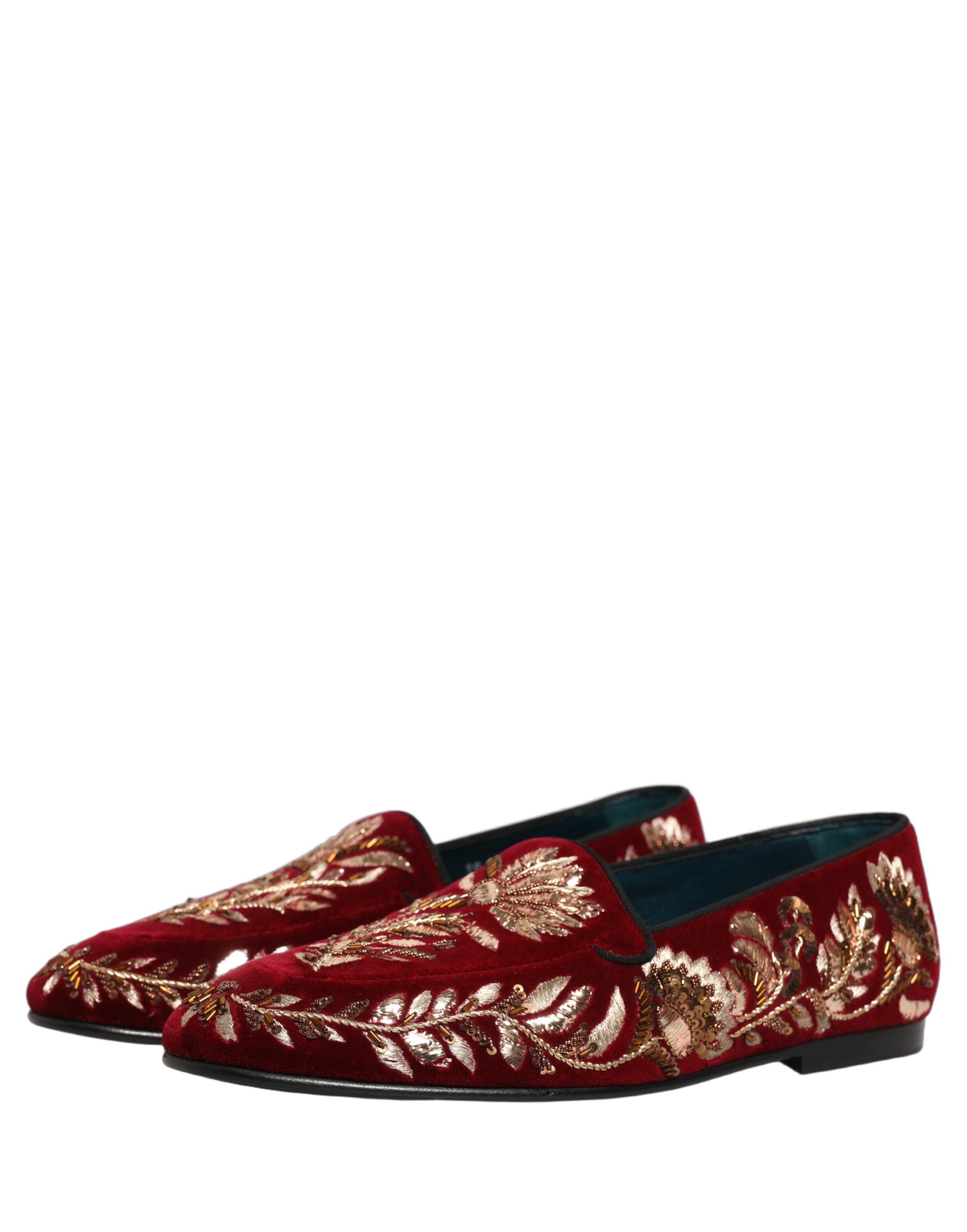Dolce & Gabbana Red Velvet Floral Embroidery Loafers - Artistry in Luxury