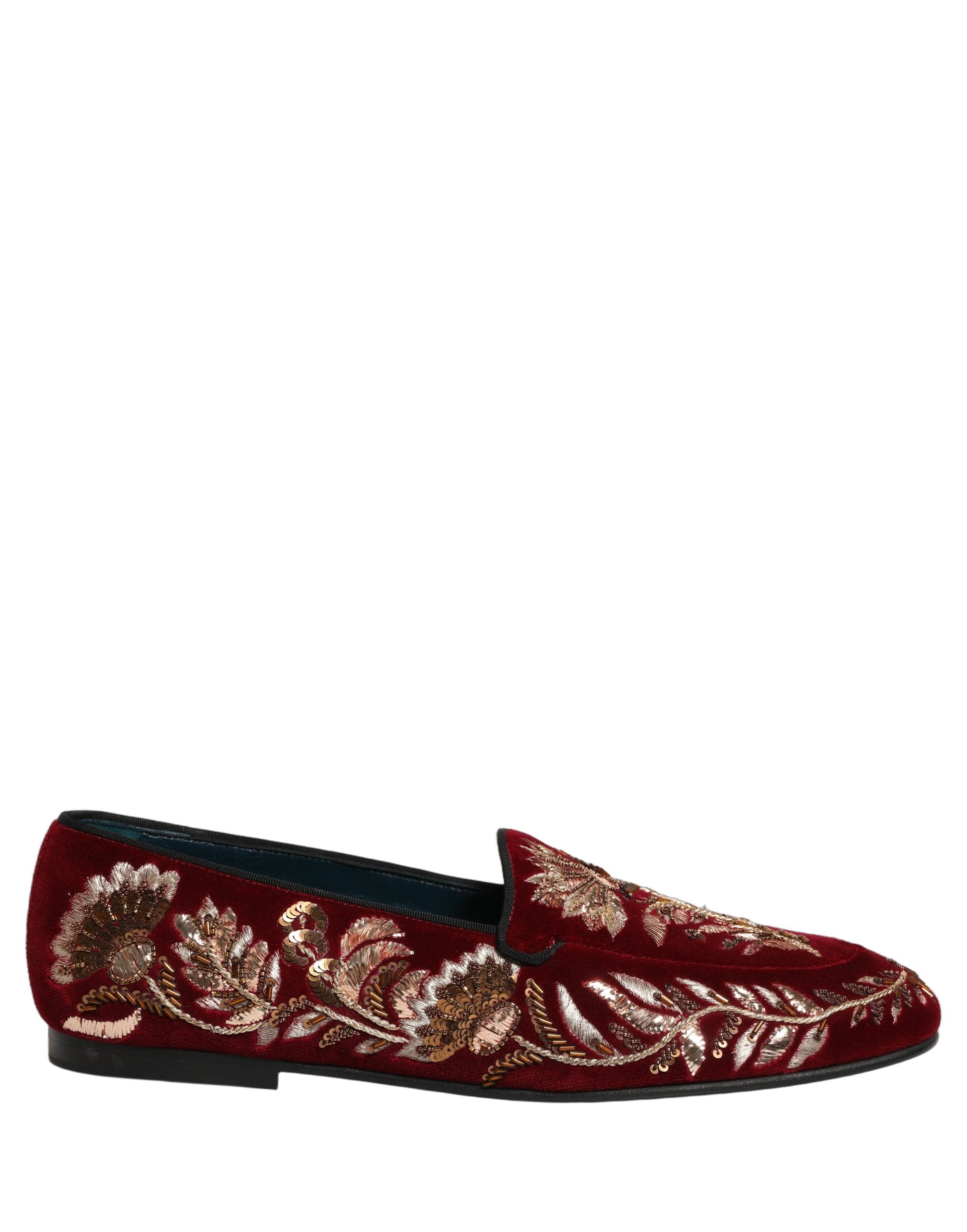 Dolce & Gabbana Red Velvet Floral Embroidery Loafers - Luxury Elegance