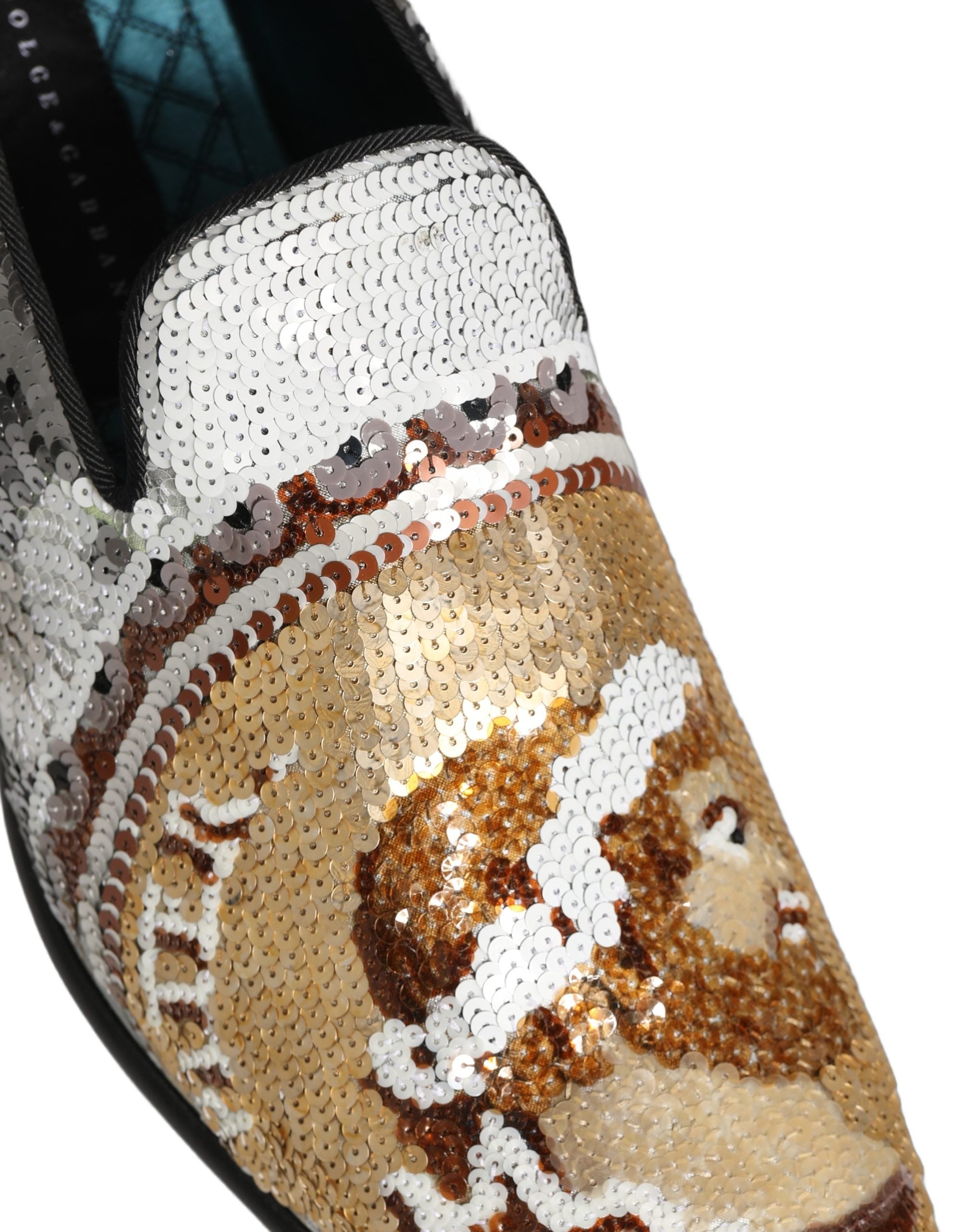 Dolce & Gabbana White Gold Sequined Slip-On Loafers for Luxe Elegance