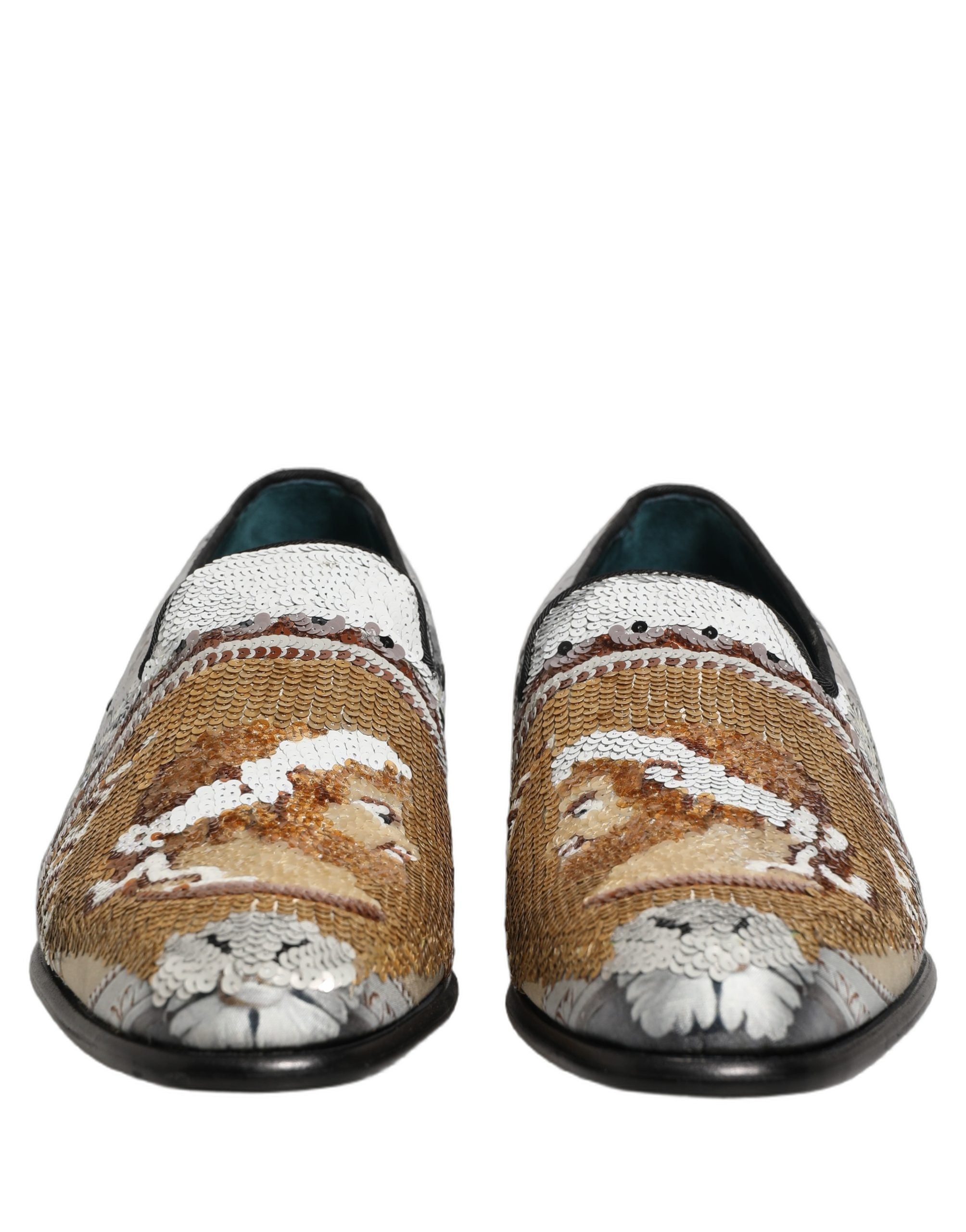 Dolce & Gabbana White Gold Sequined Slip-On Loafers for Elegance