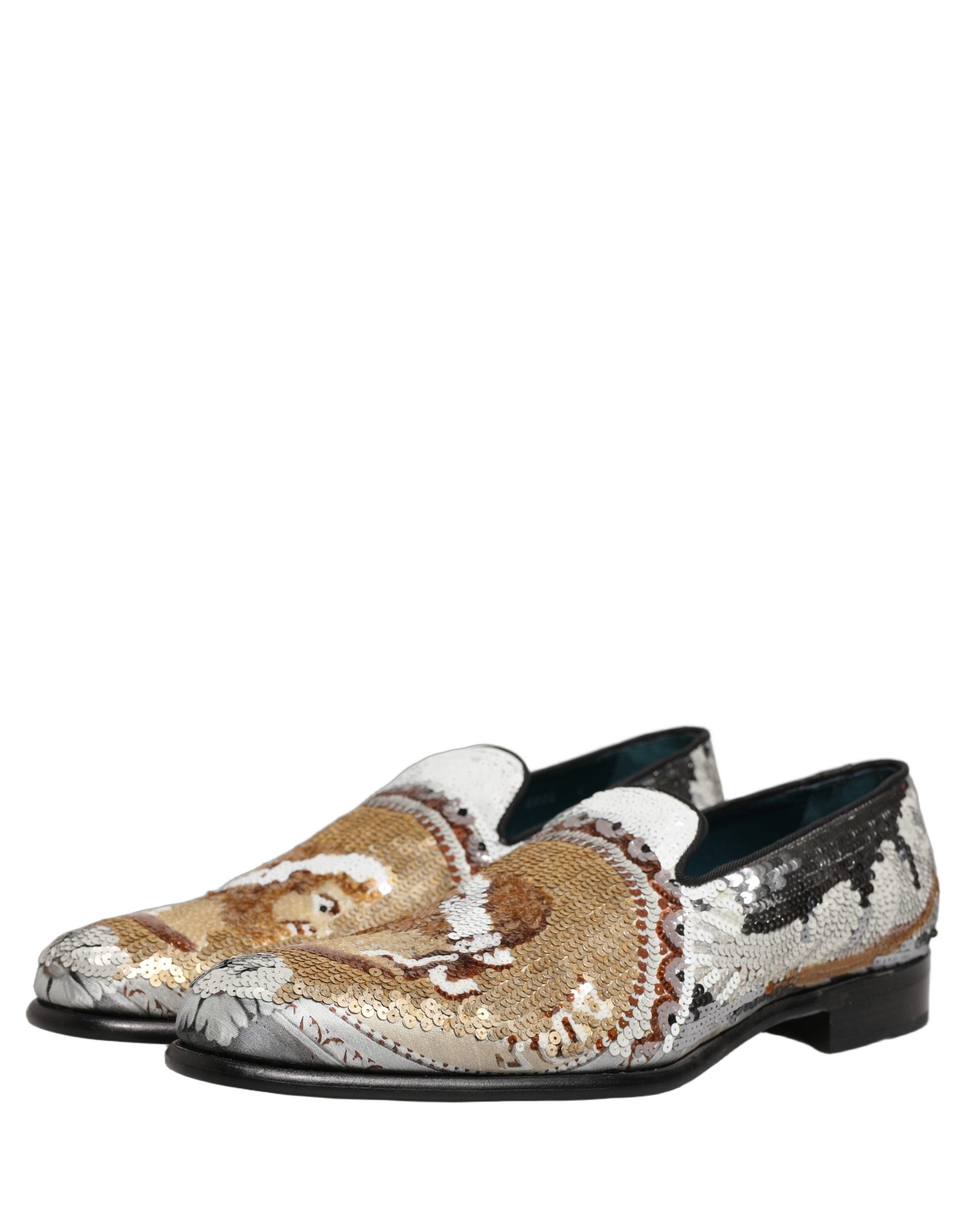 Dolce & Gabbana White Gold Sequined Slip-On Loafers for Elegance